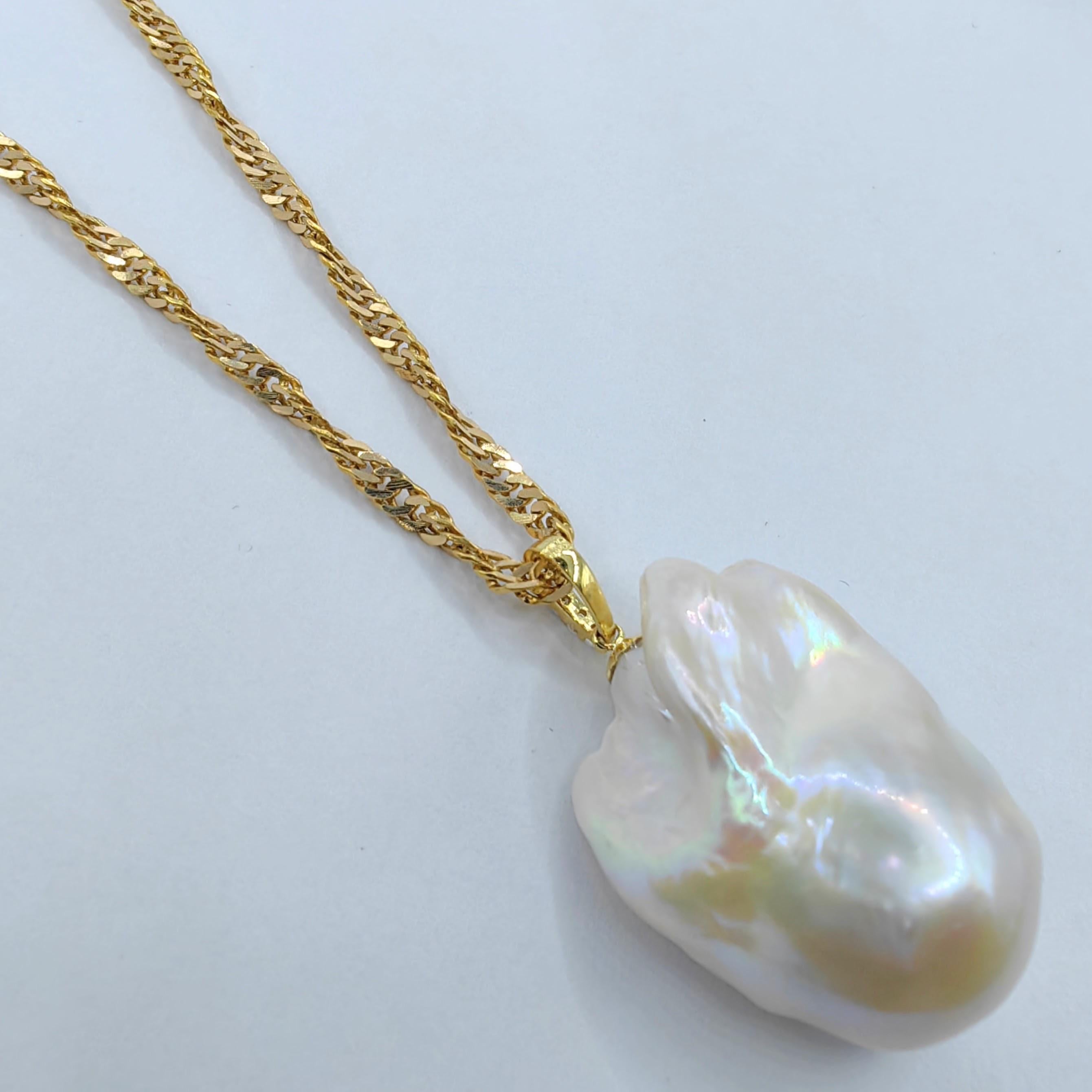 Contemporary 49.24ct Iridescent Baroque Pearl Diamond 18K Pendant & 22K Chain in Yellow Gold For Sale