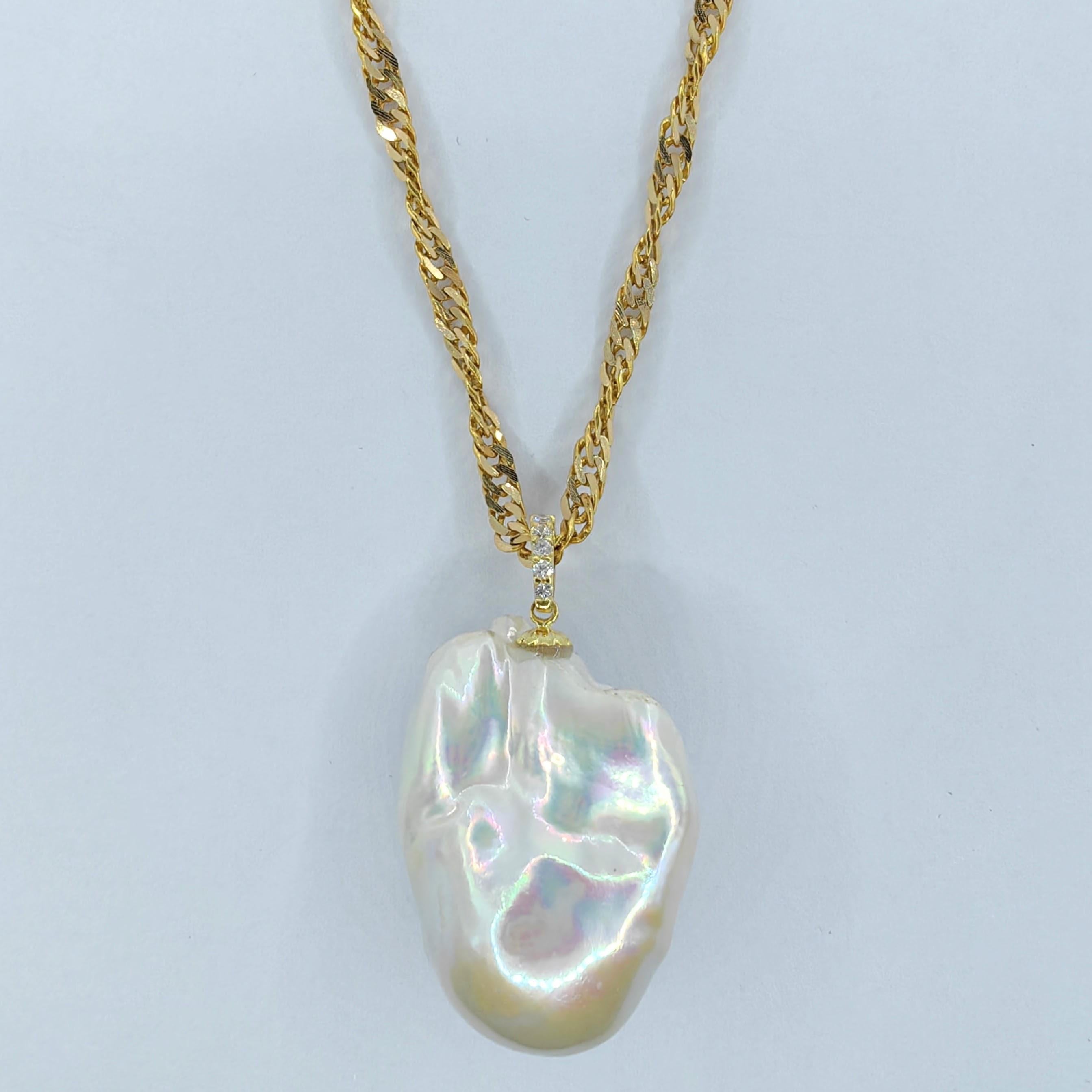 Brilliant Cut 49.24ct Iridescent Baroque Pearl Diamond 18K Pendant & 22K Chain in Yellow Gold For Sale