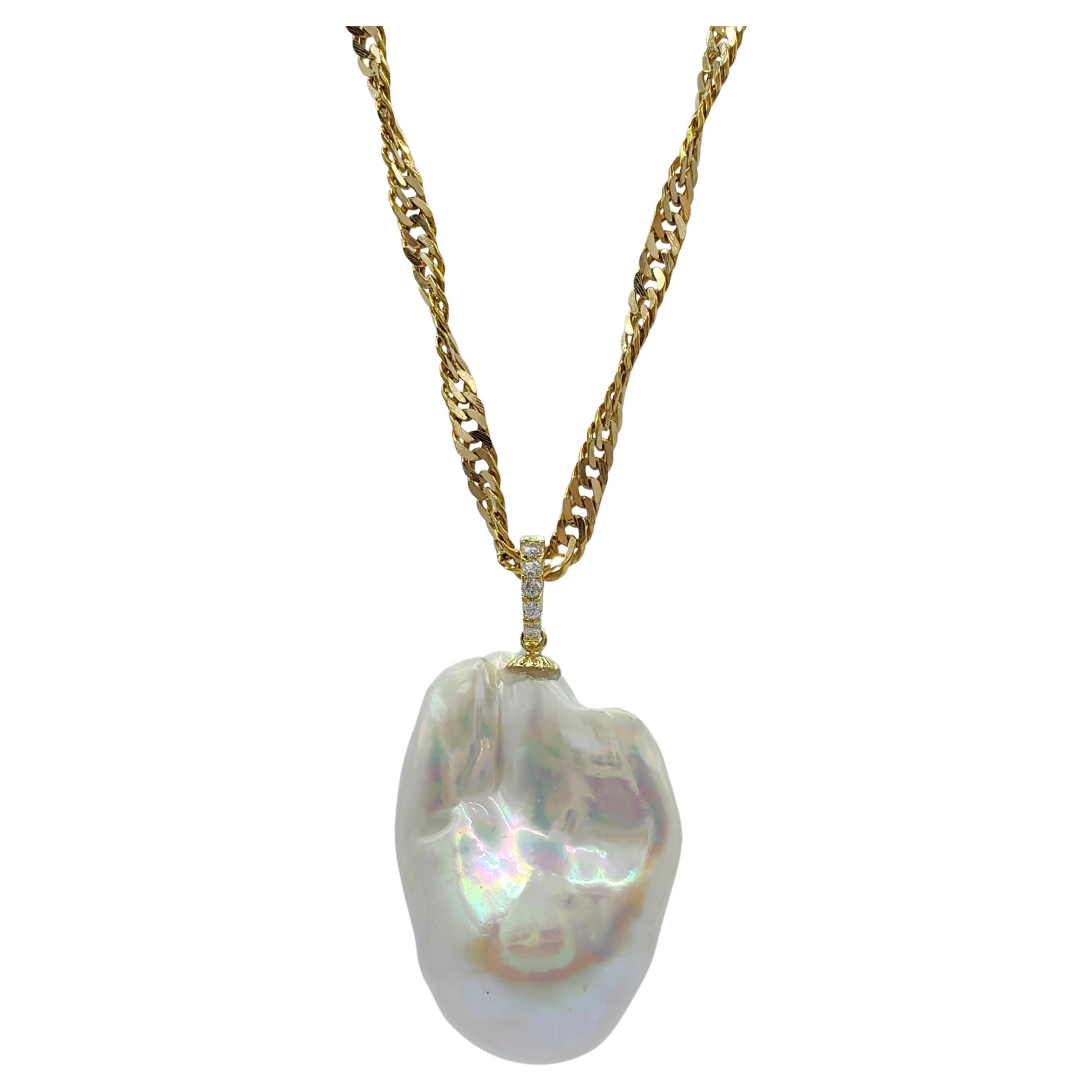 49.24ct Iridescent Baroque Pearl Diamond 18K Pendant & 22K Chain in Yellow Gold