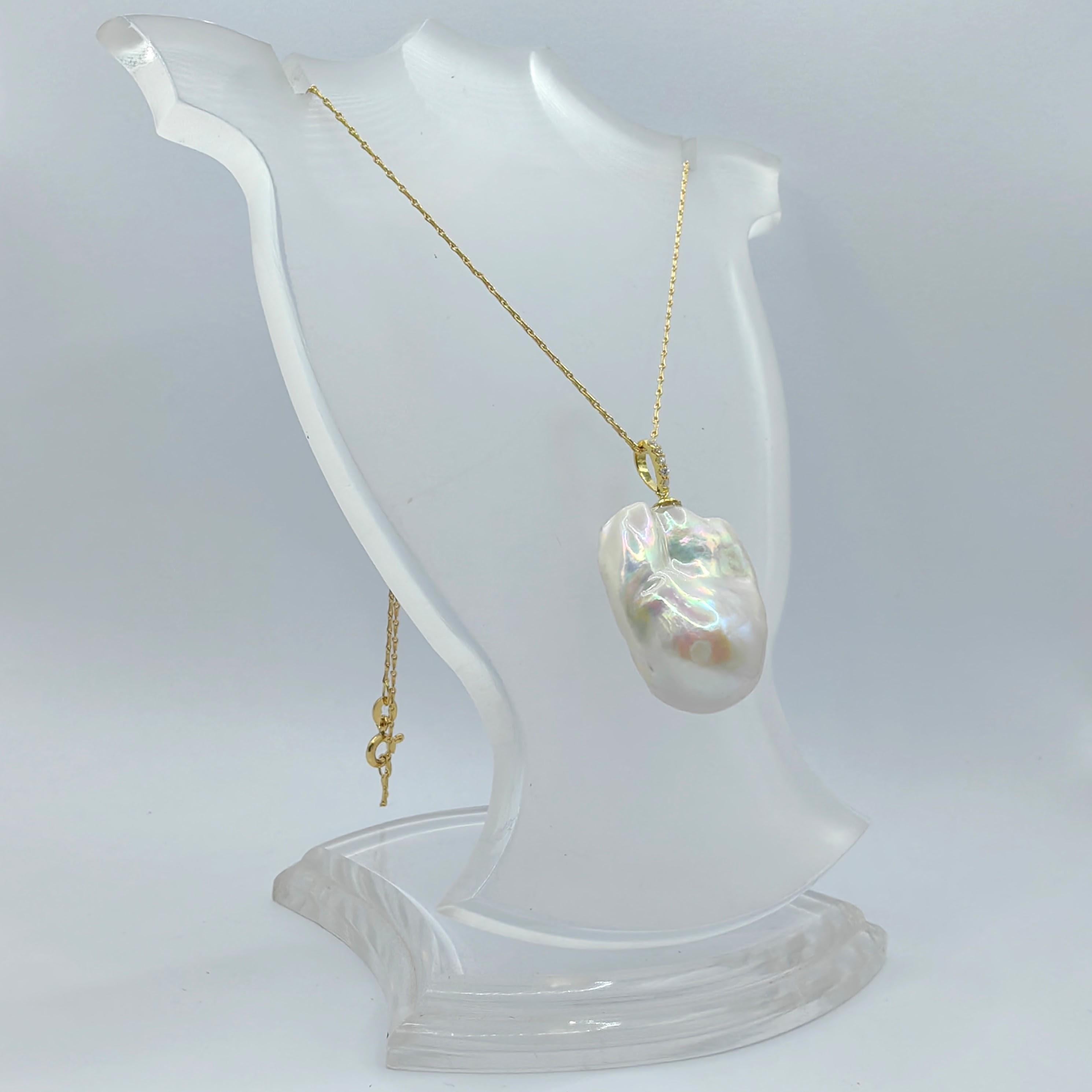 49.24ct Large Iridescent Baroque Pearl Diamond 18K Yellow Gold Necklace Pendant For Sale 4
