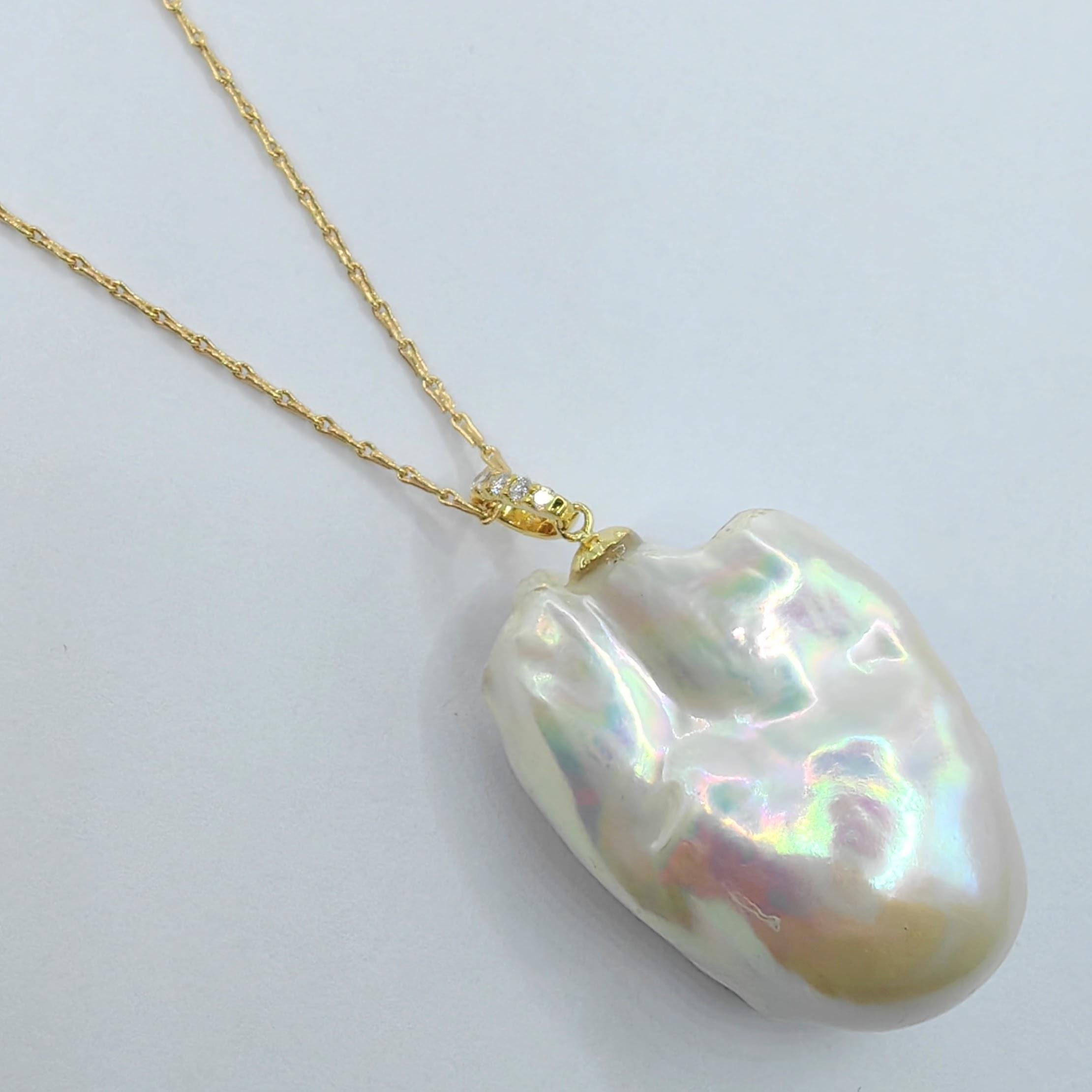 Brilliant Cut 49.24ct Large Iridescent Baroque Pearl Diamond 18K Yellow Gold Necklace Pendant For Sale