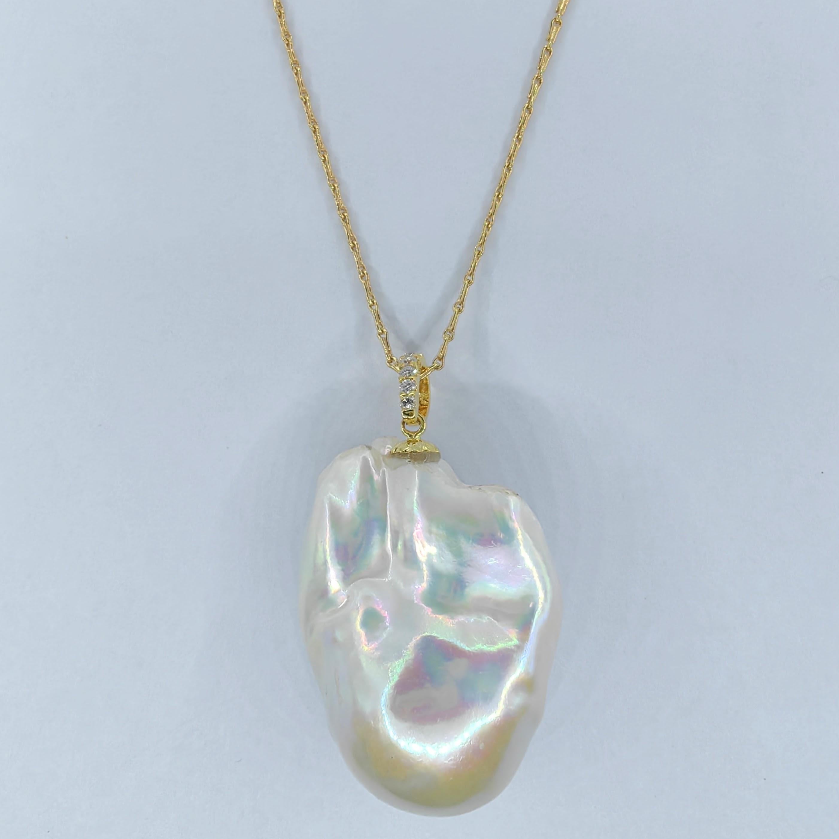 Women's 49.24ct Large Iridescent Baroque Pearl Diamond 18K Yellow Gold Necklace Pendant For Sale