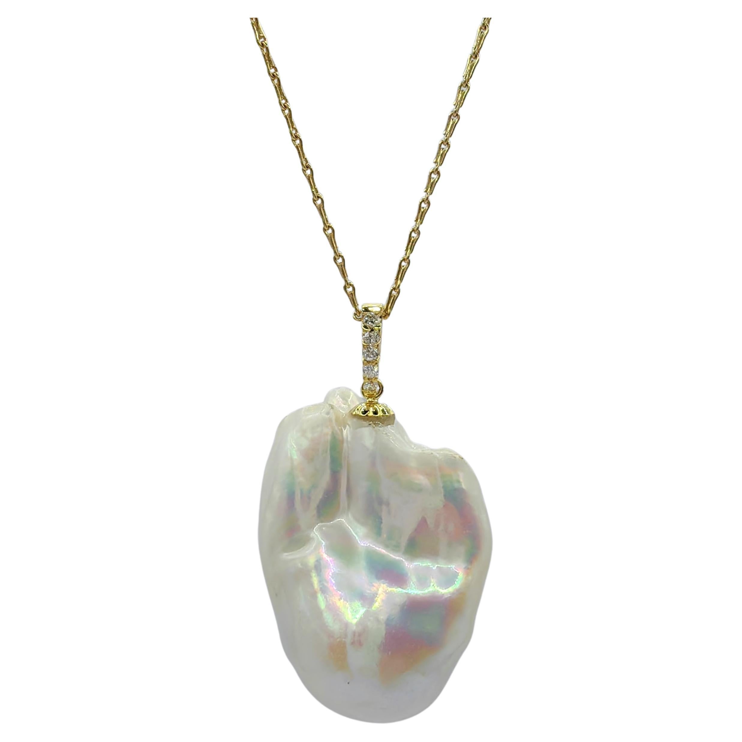 49.24ct Large Iridescent Baroque Pearl Diamond 18K Yellow Gold Necklace Pendant For Sale
