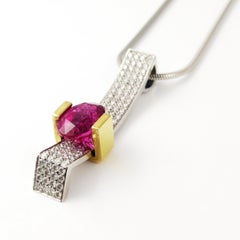 4.92Ct Oval Rubellite and Pave Diamond Necklace 18K Contemporary Slide Pendant