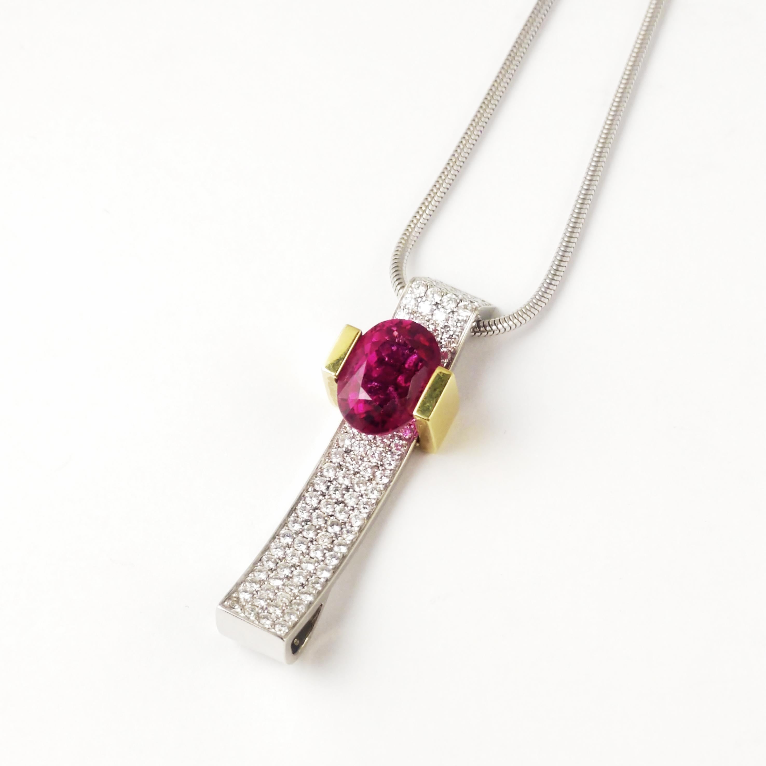 Women's 4.92Ct Oval Rubellite and Pave Diamond Necklace 18K Contemporary Slide Pendant For Sale