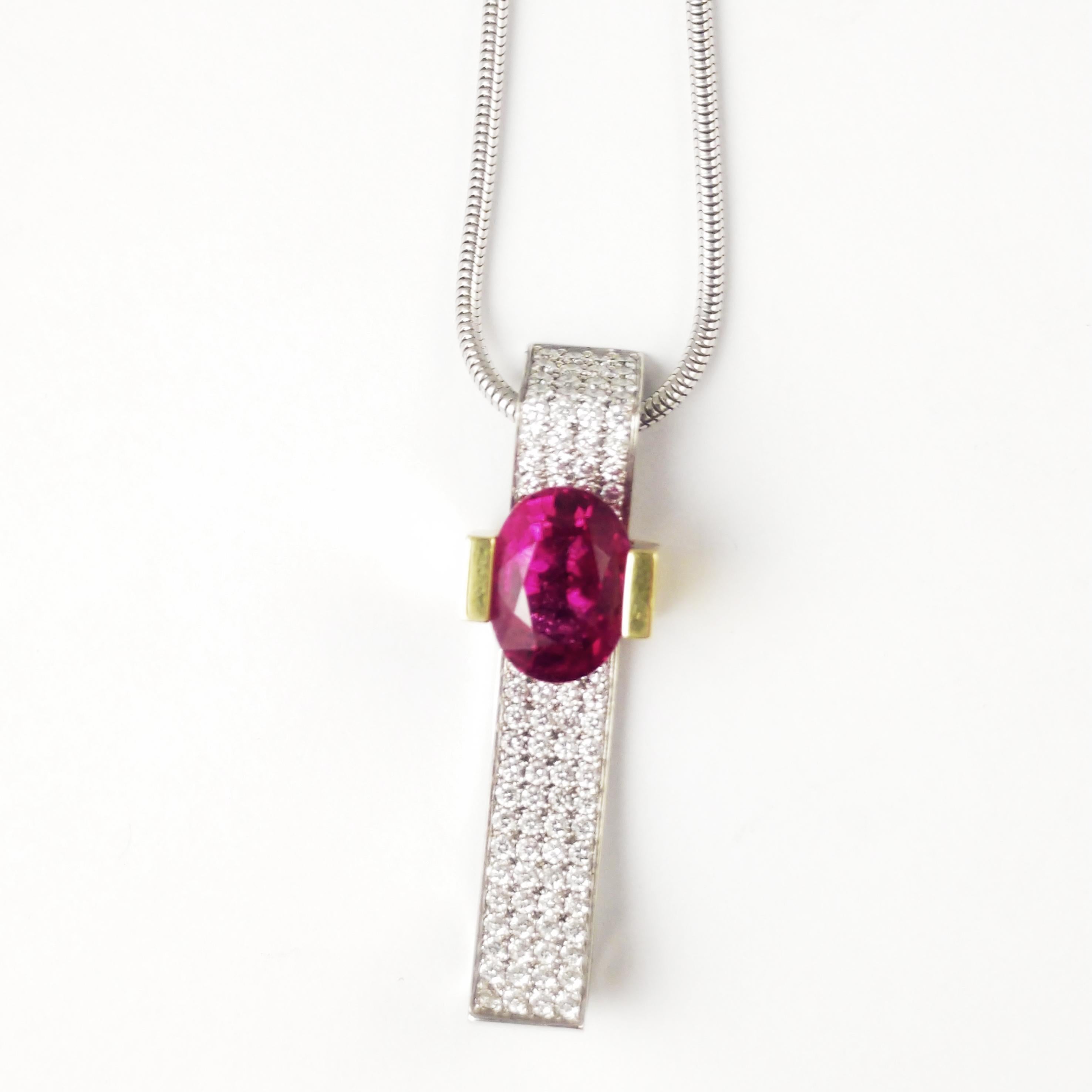 4.92Ct Oval Rubellite and Pave Diamond Necklace 18K Contemporary Slide Pendant For Sale 1