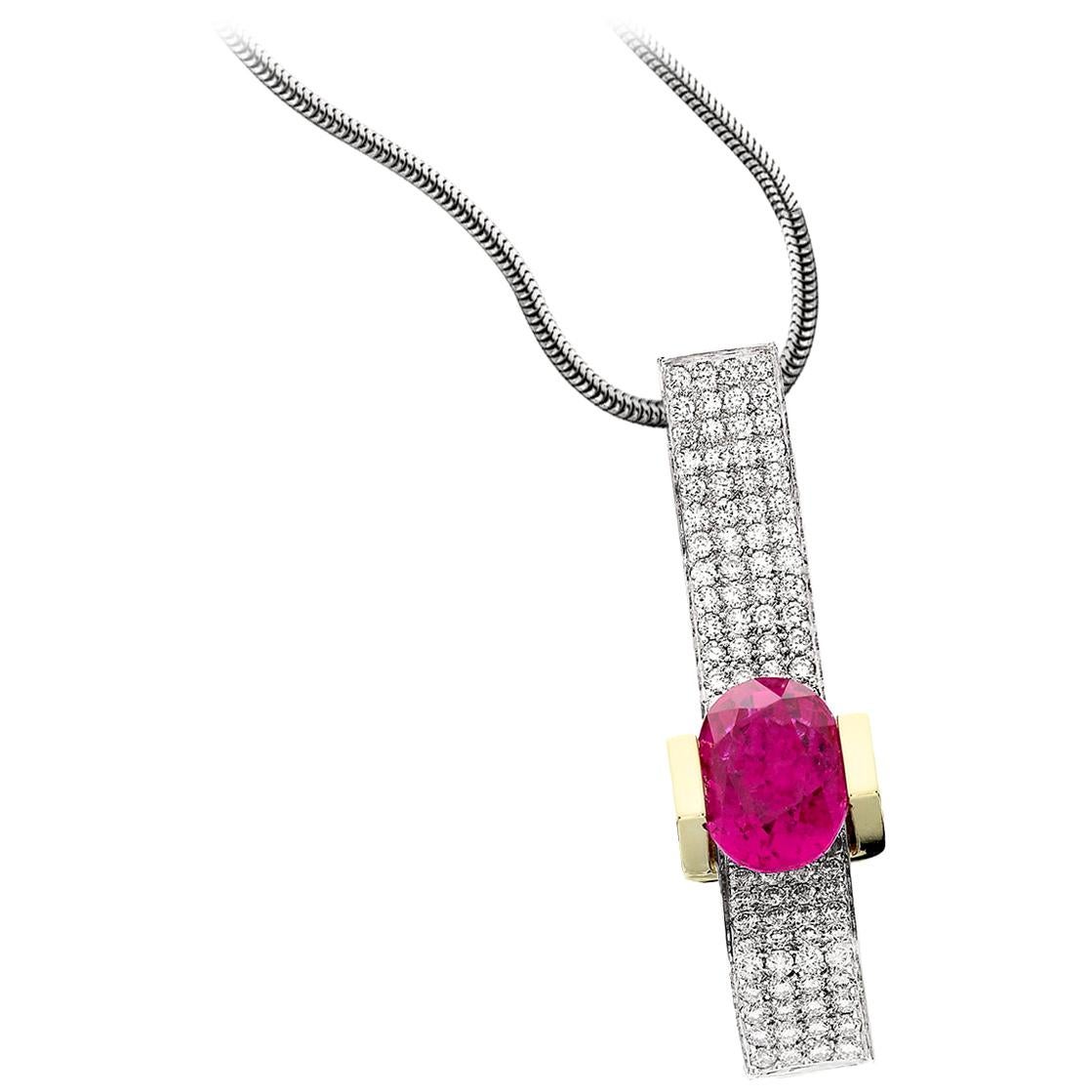 4.92Ct Oval Rubellite and Pave Diamond Necklace 18K Contemporary Slide Pendant For Sale