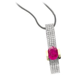4.92Ct Oval Rubellite and Pave Diamond Necklace 18K Contemporary Slide Pendant
