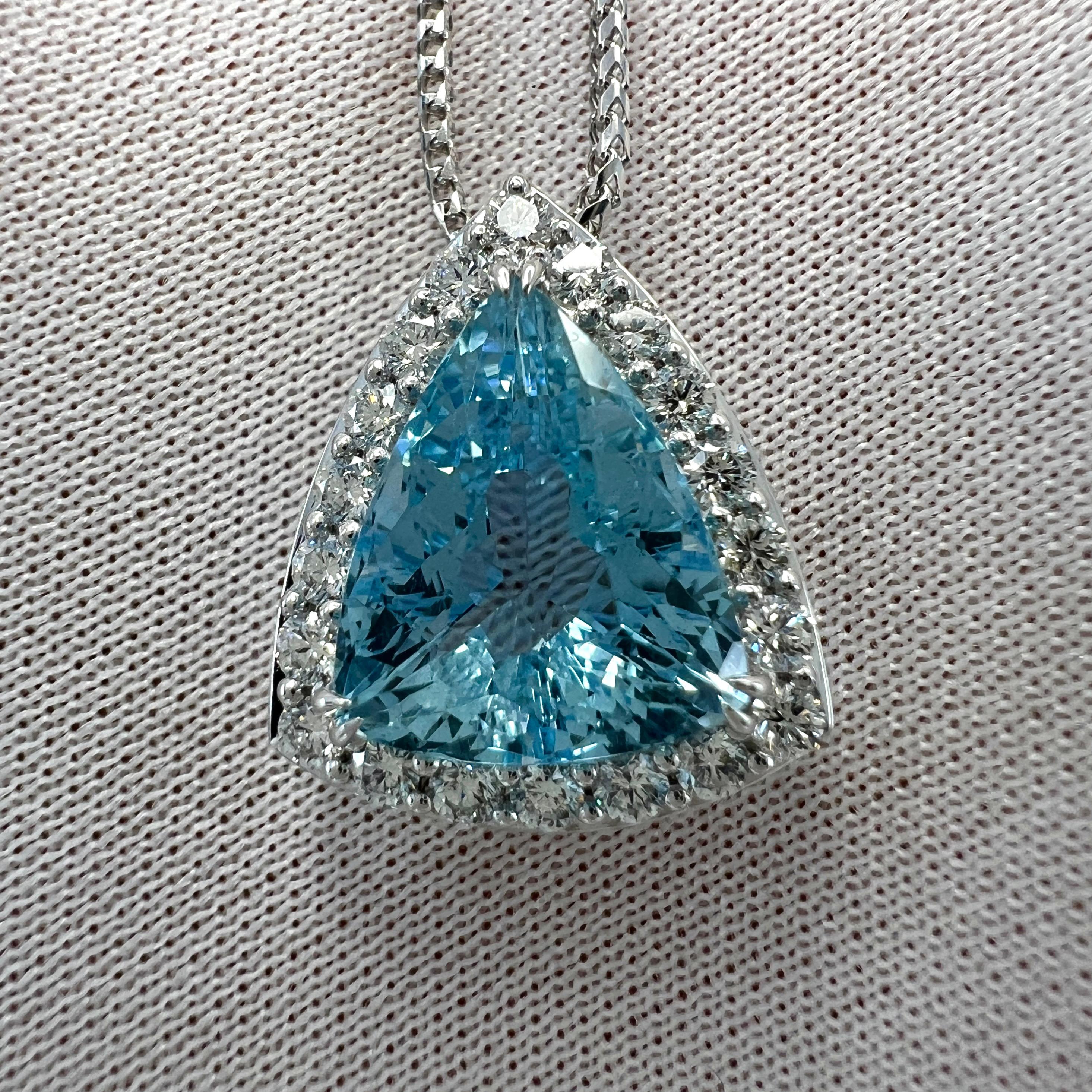 Trillion Cut 4.92ct Santa Maria Blue Aquamarine Diamond 18k White Gold Halo Pendant Necklace