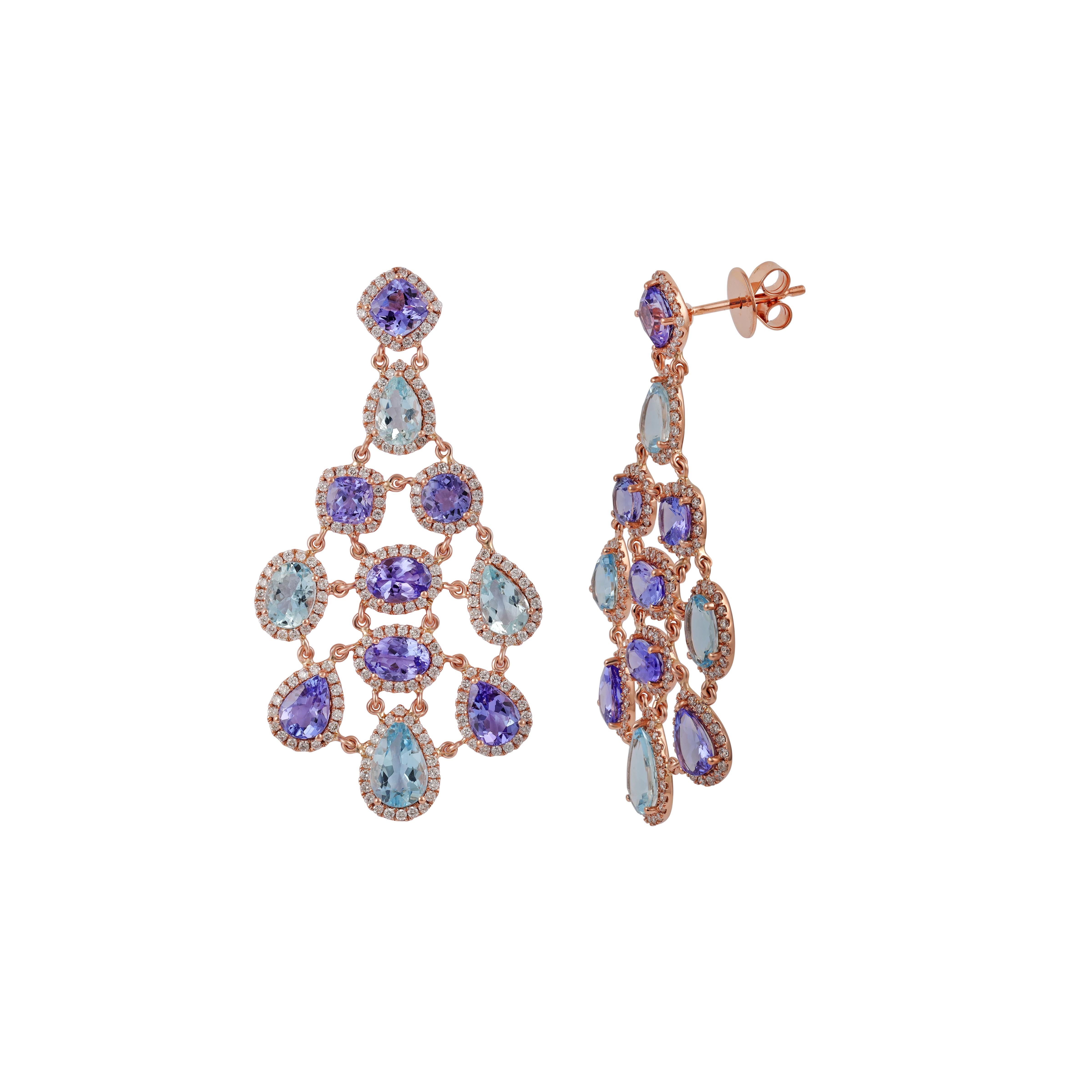 Langes Ohrring aus 18 Karat Gold und Diamanten mit 4,93 Karat Aquamarin und 8,93 Karat Tansanit im Zustand „Neu“ im Angebot in Jaipur, Rajasthan