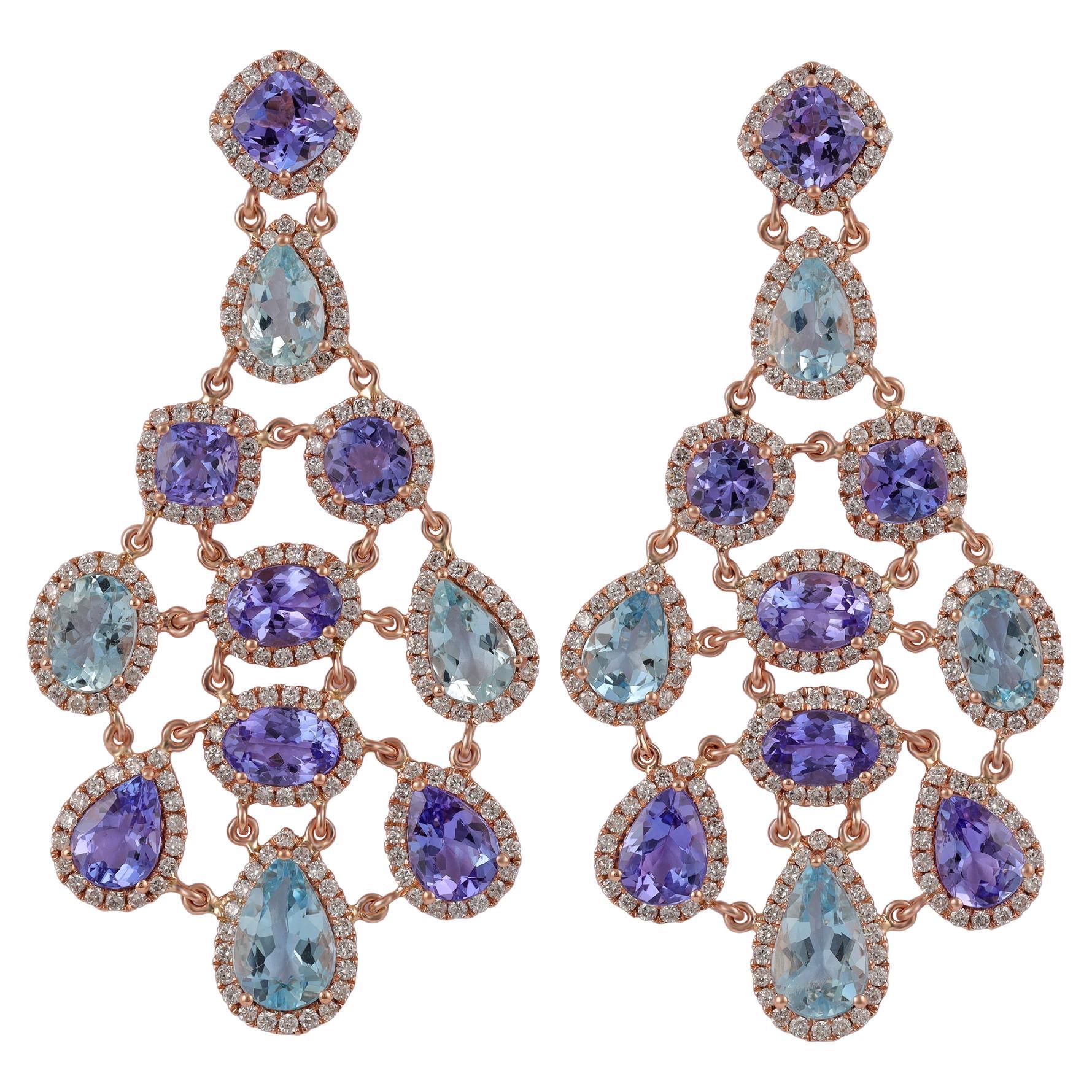 4.93 Carat Aquamarine & 8.93 Carat Tanzanite Long Earring in 18k Gold & Diamonds For Sale