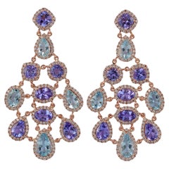 4.93 Carat Aquamarine & 8.93 Carat Tanzanite Long Earring in 18k Gold & Diamonds