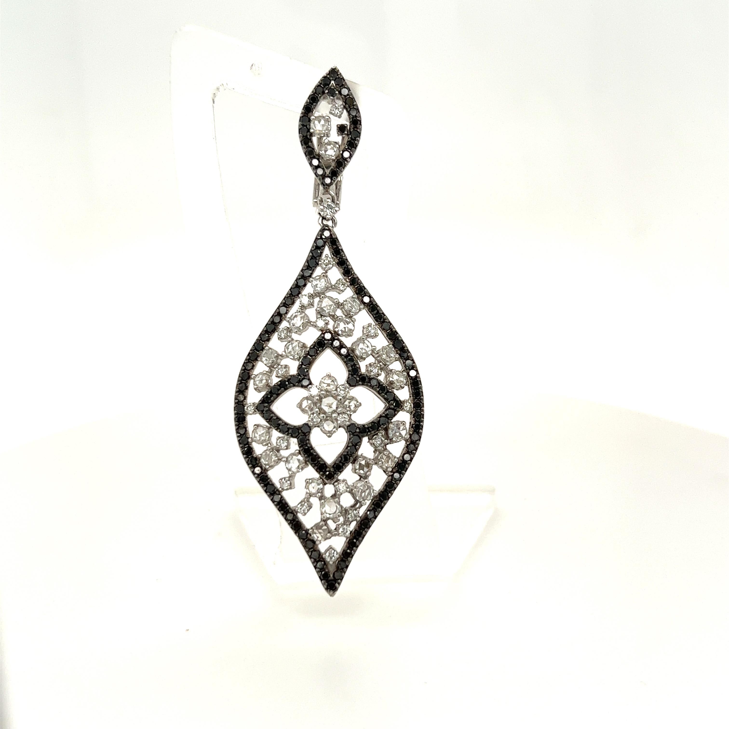 Contemporary 4.93 Carat Black Diamond White Rose Cut Diamond Cocktail Earrings For Sale