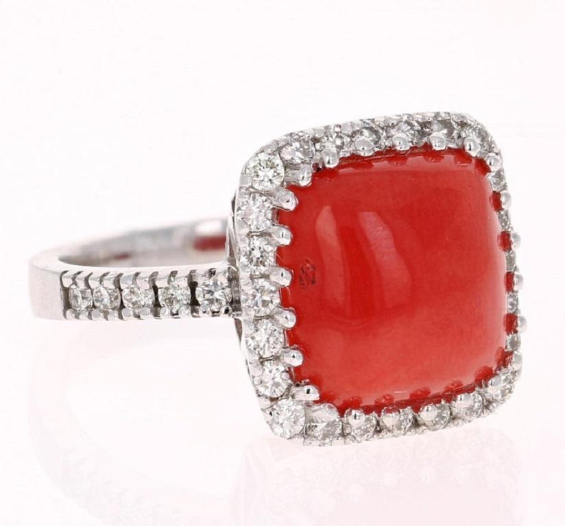 Cushion Cut 4.93 Carat Coral Diamond White Gold Cocktail Ring For Sale