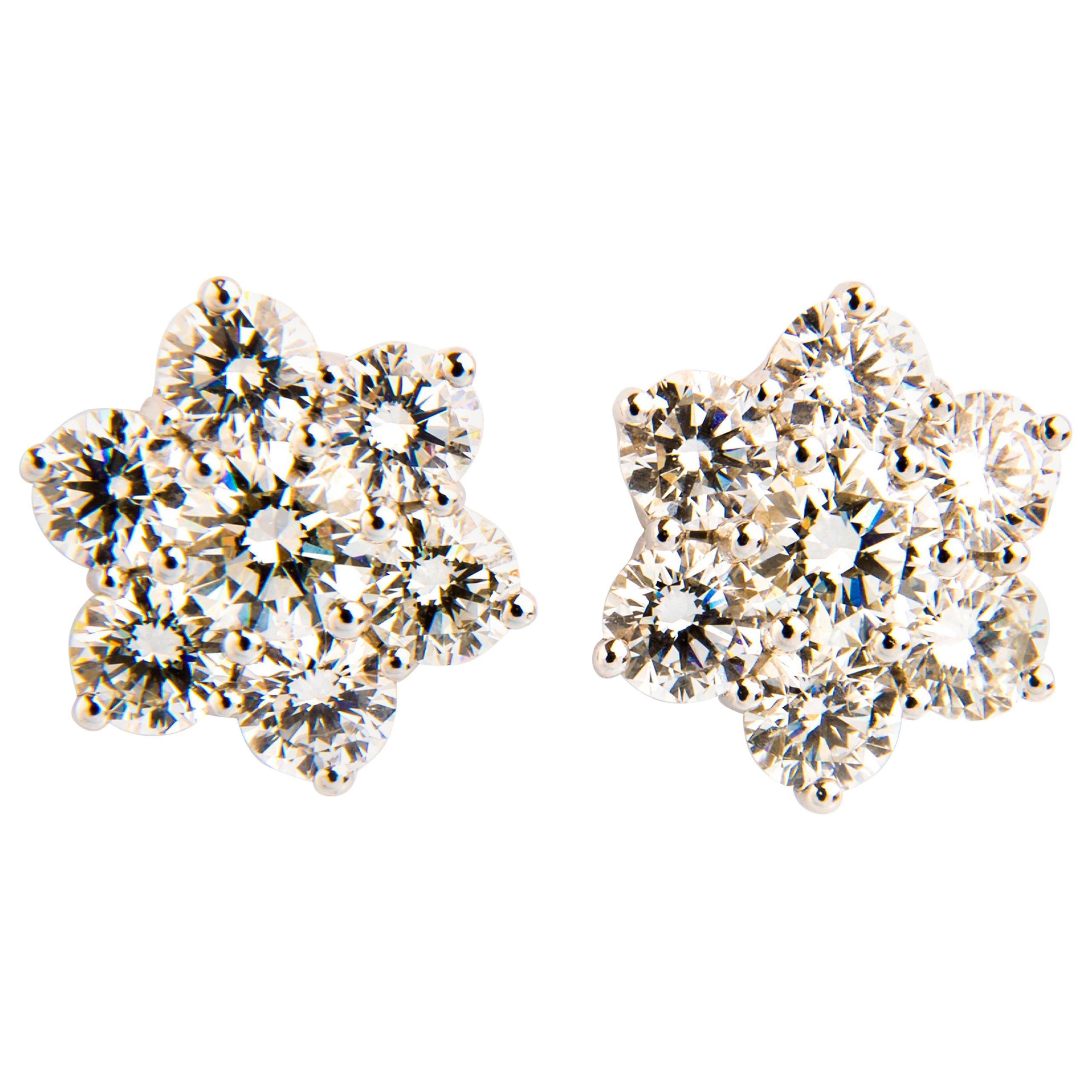 4.93 Carat Diamond Cluster Earrings Snowflake Shaped in 18 Karat White Gold For Sale
