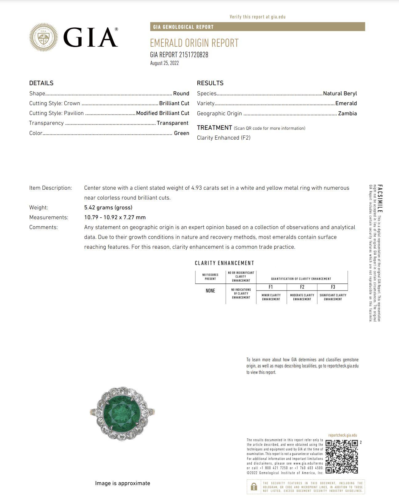 4.93 Carat Emerald  GIA and Diamond Platinum Ring Estate Fine Jewelry For Sale 2