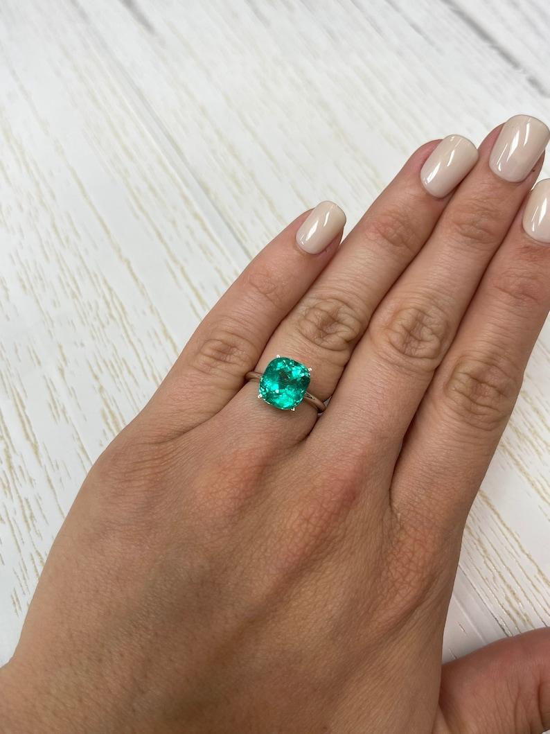 4.93 Carat Minor Oil 10.5x9.5 Vivid Bluish Colombian Emerald - Cushion Cut May For Sale 3