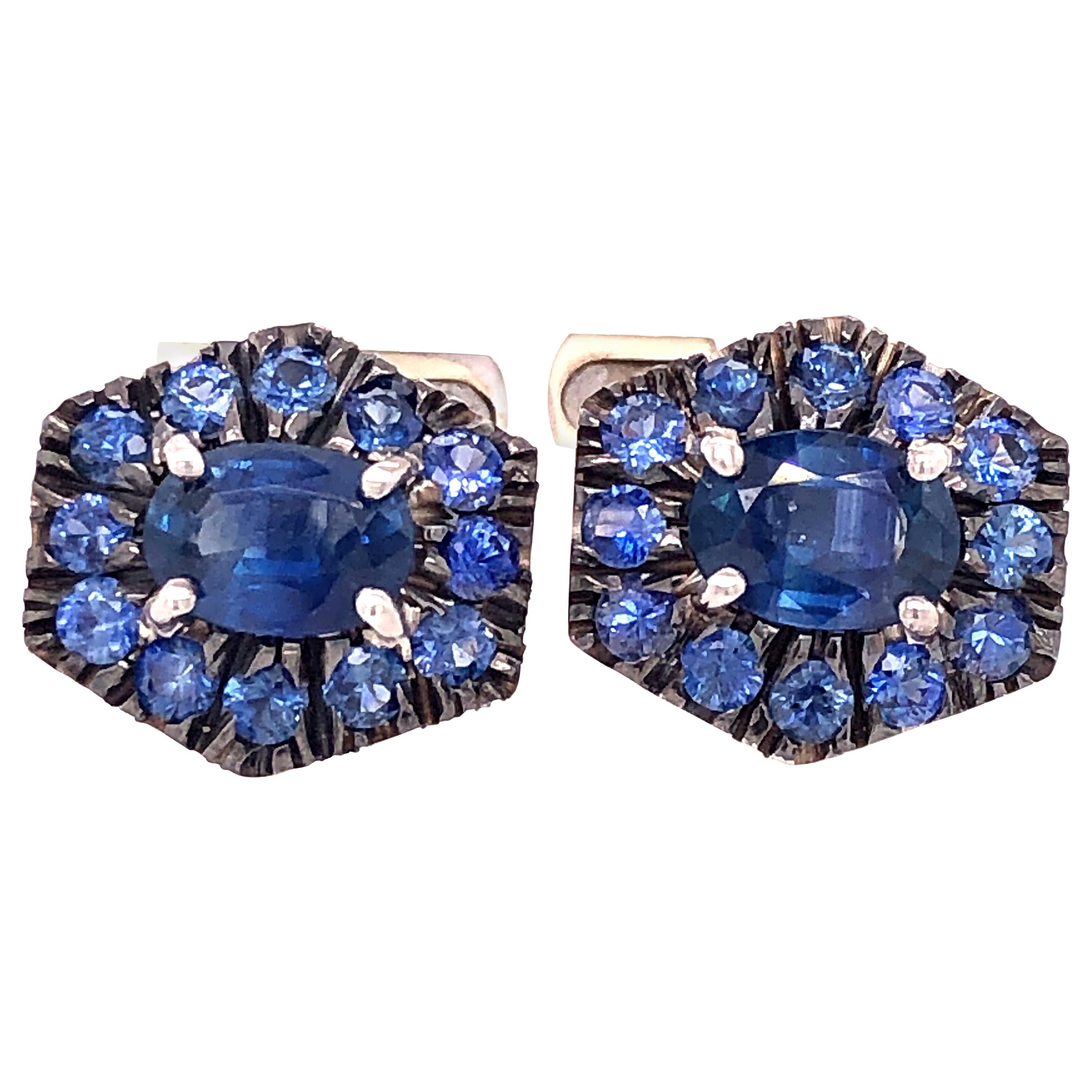 Boutons de manchette BERCA 4.93Kt Natural Blue Sapphire Black White Gold T-Bar Back