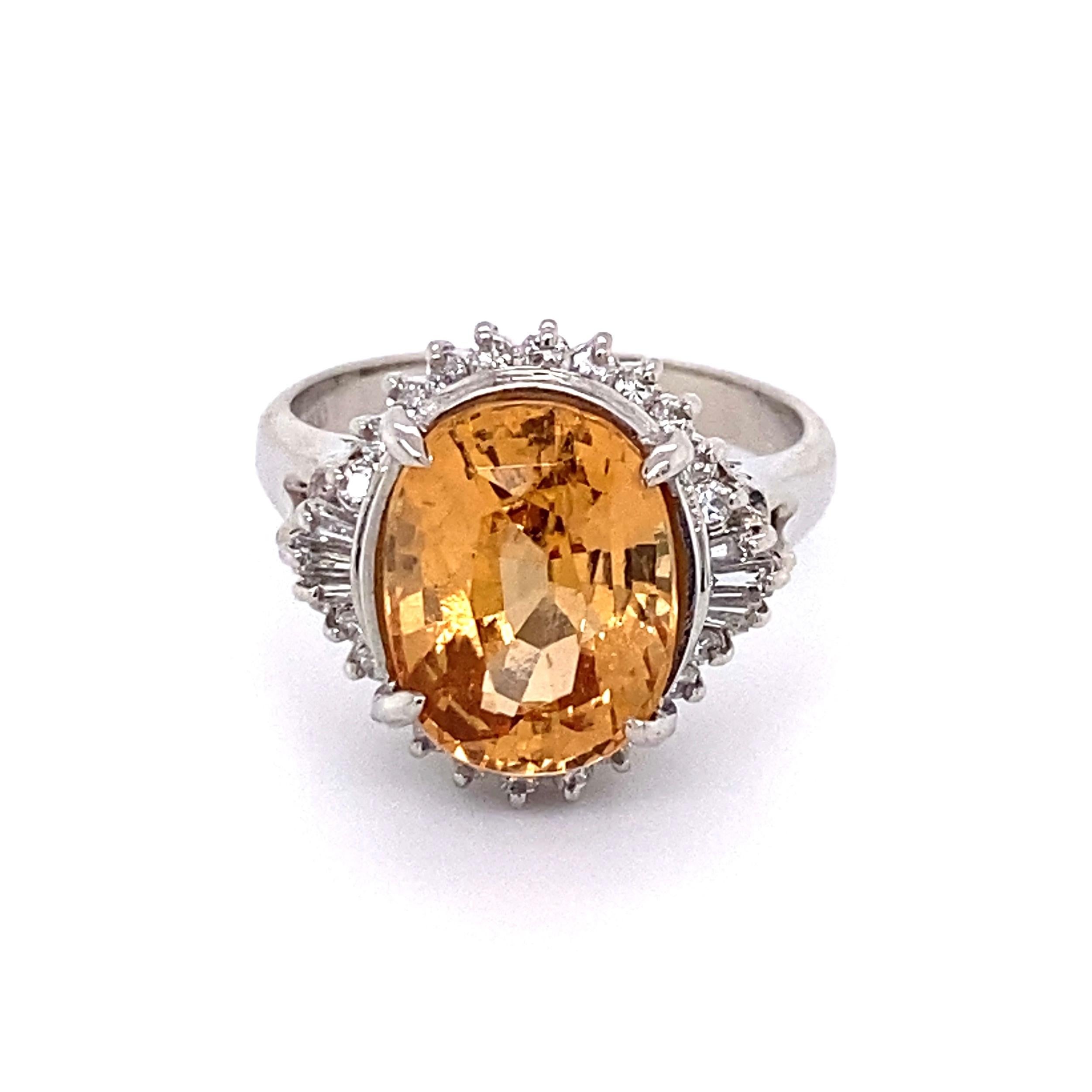 Oval Cut 4.93 Carat Oval Imperial Topaz and Diamond Platinum Ring Estate Fine Jewelry For Sale