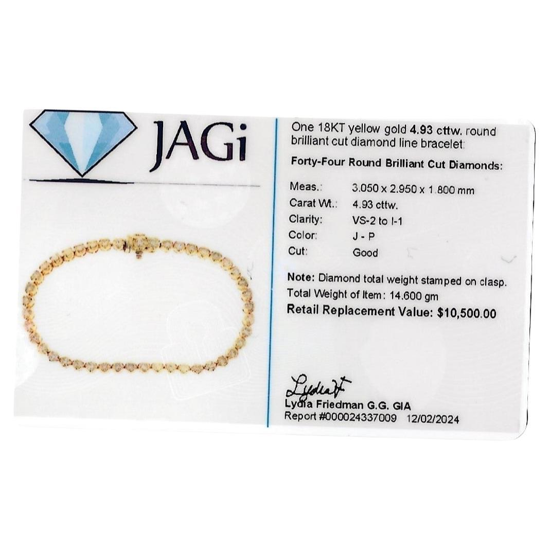 4.93 Carat Round Brilliant Cut Diamond Tennis Bracelet in 18 Karat Yellow Gold For Sale 5