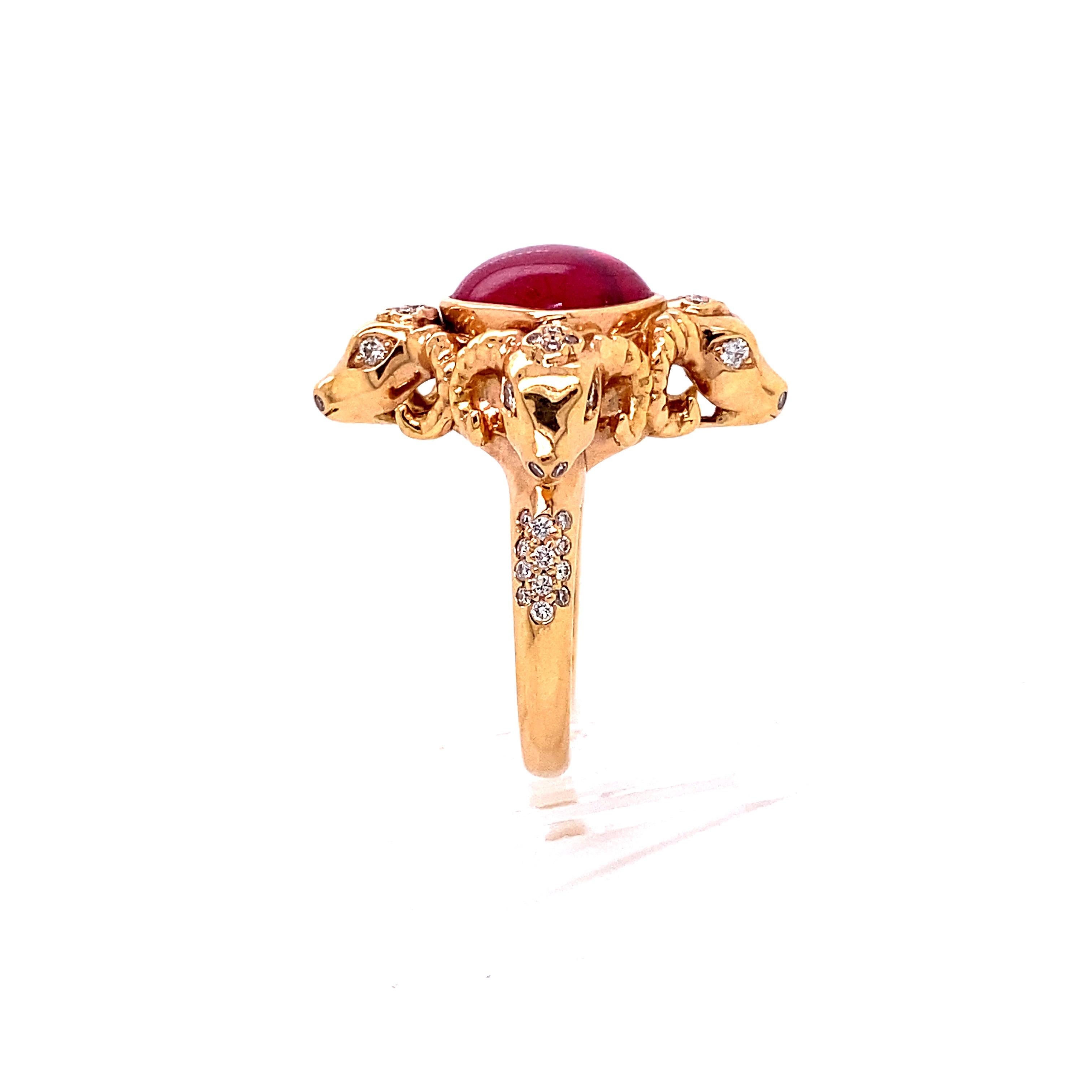 Natural Ruby Cabochon Ring in Rose Gold 

This magnificent piece features a 4.92 Natural Ruby cabochon surrounded by four hand carved ram sculptures with pave diamond accents weighing a total of 0.35 carats. The ring is created in circa 1970's and