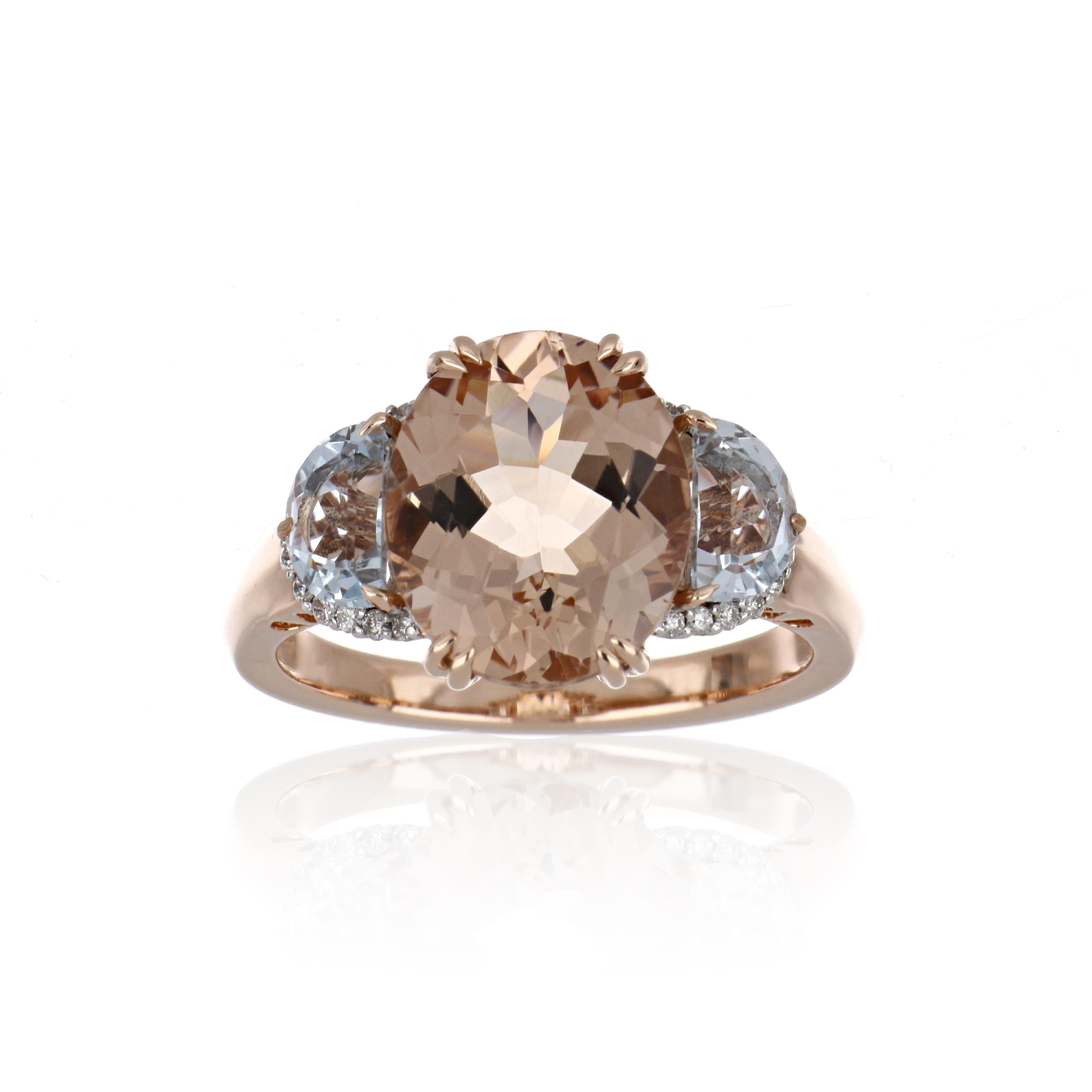 4.93 Carat Total Morganite and Aquamarine Ring with Diamonds 14 Karat Rose Gold For Sale 1