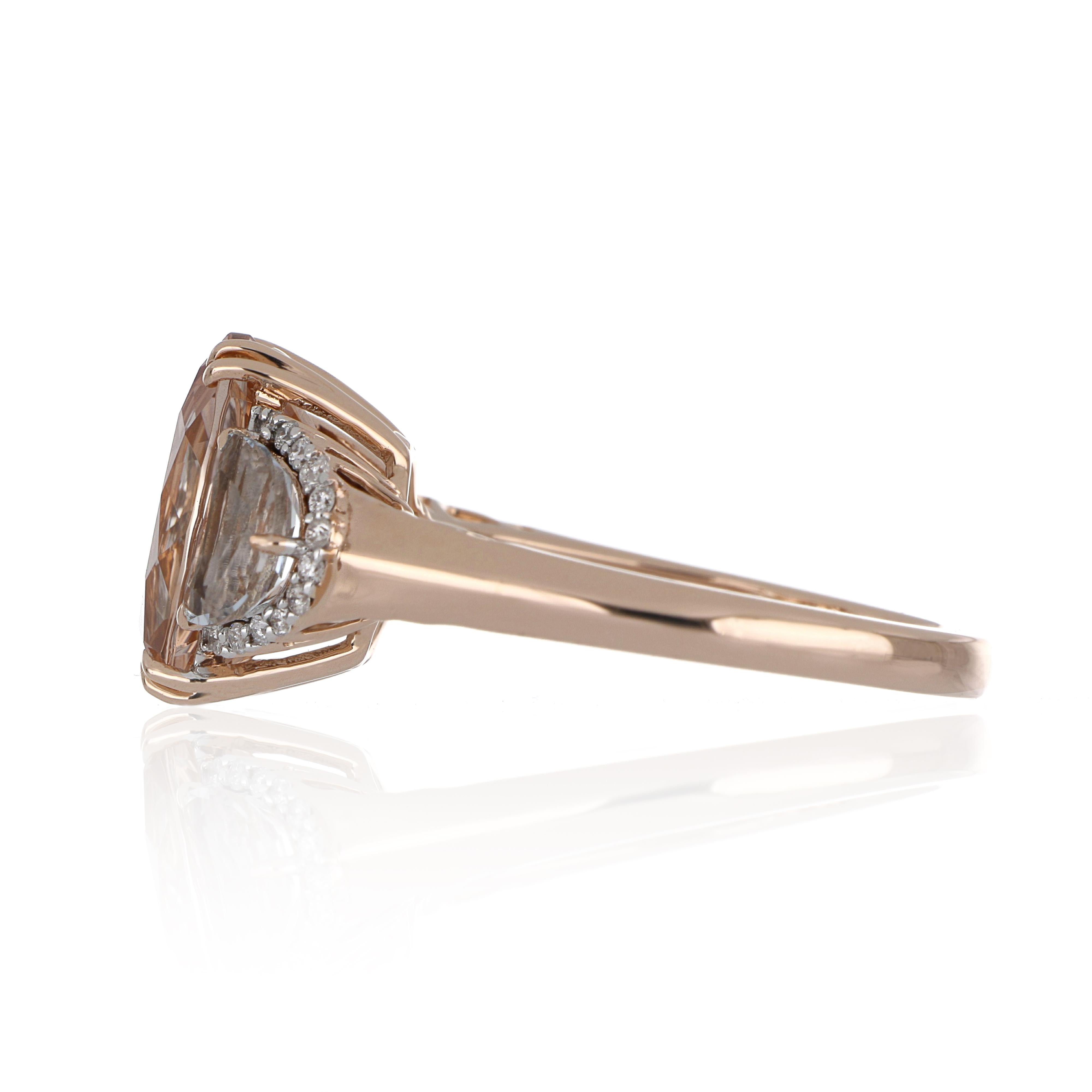 Oval Cut 4.93 Carat Total Morganite and Aquamarine Ring with Diamonds 14 Karat Rose Gold For Sale