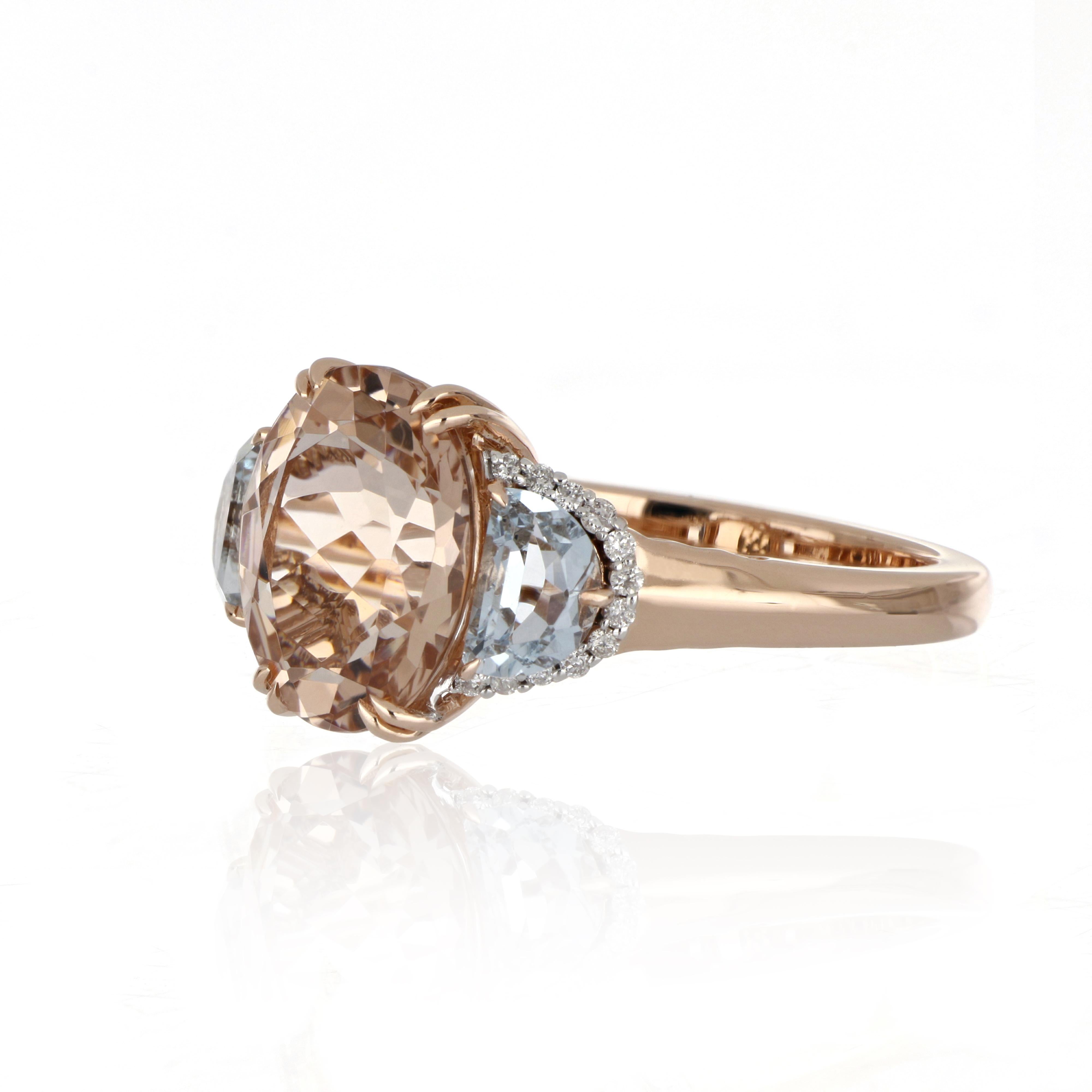 4.93 Carat Total Morganite and Aquamarine Ring with Diamonds 14 Karat Rose Gold In New Condition For Sale In JAIPUR, IN