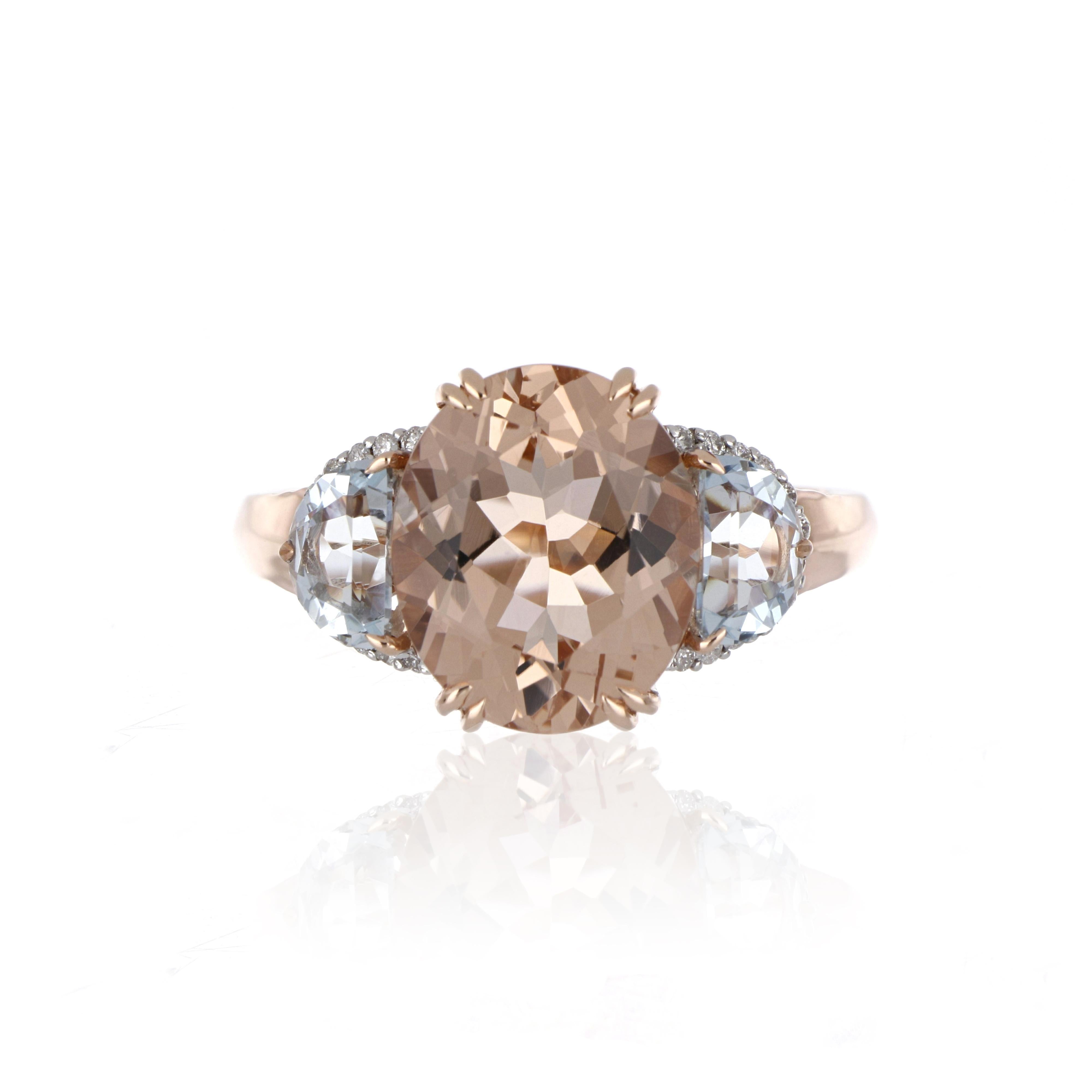 Women's 4.93 Carat Total Morganite and Aquamarine Ring with Diamonds 14 Karat Rose Gold For Sale