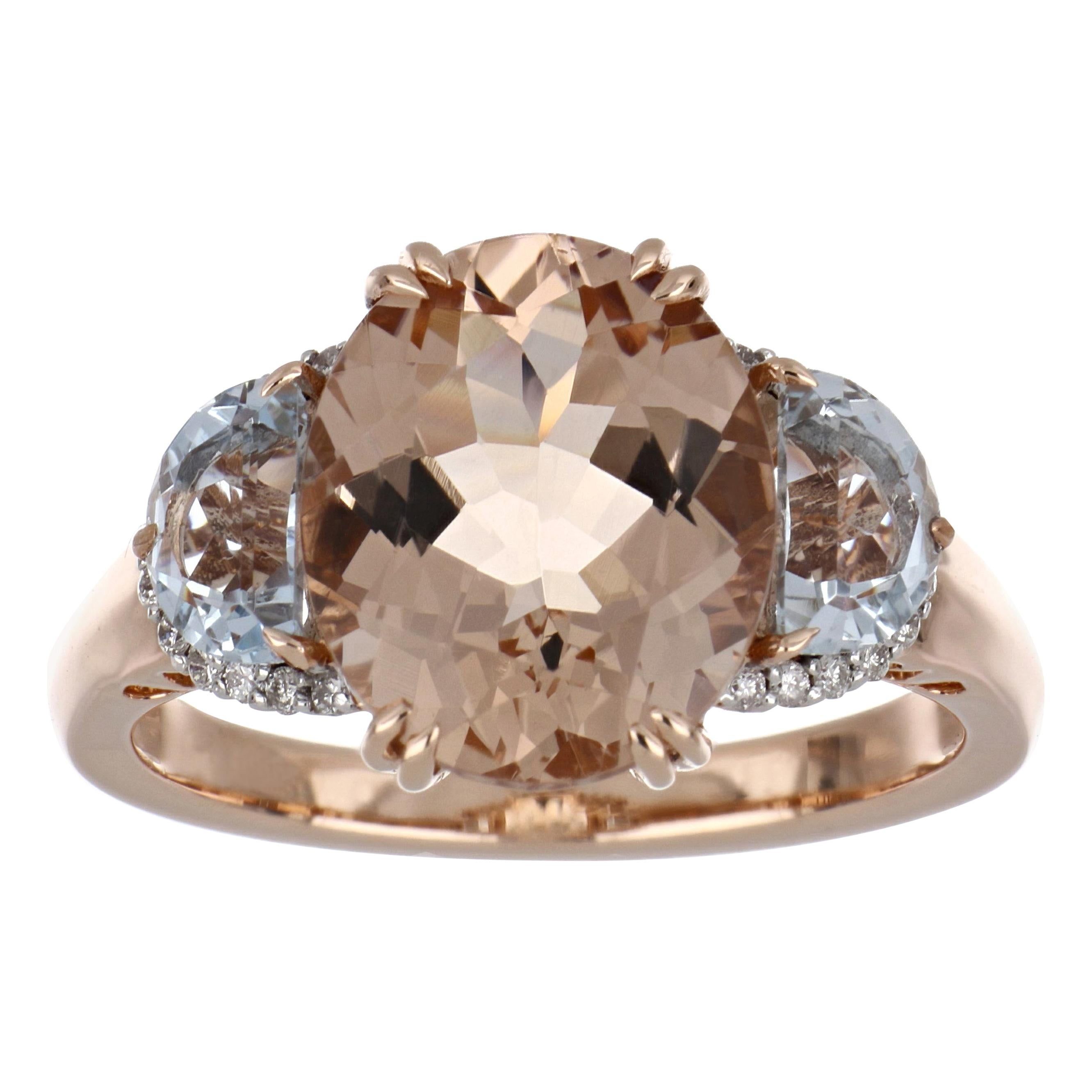 Bague aigue-marine et Morganite de 4,93 carats au total avec diamants or rose 14 carats