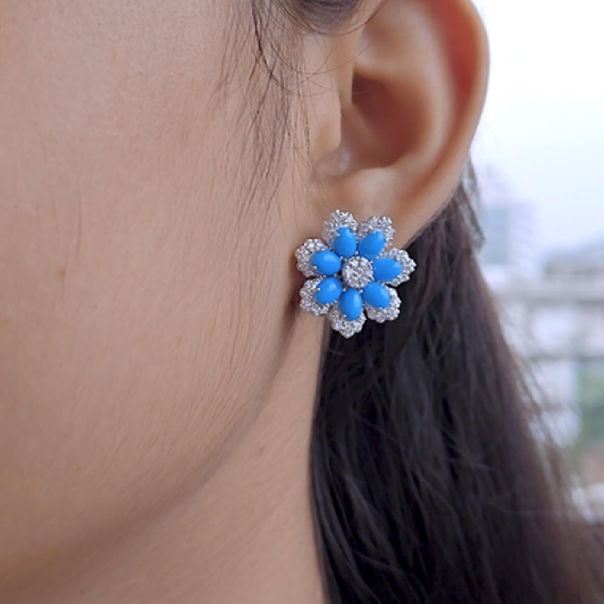 Women's 4.93 Carat Turquoise Gemstone Earrings 1.60 Carat Diamond 14 Karat White Gold For Sale