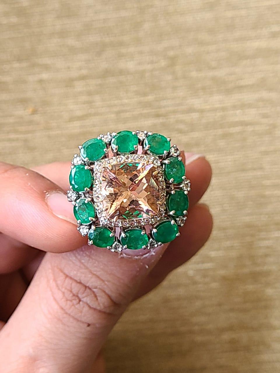 Modern 4.93 Carats, Cushion Cut Morganite, Emerald & Diamonds Cocktail/Engagement Ring For Sale