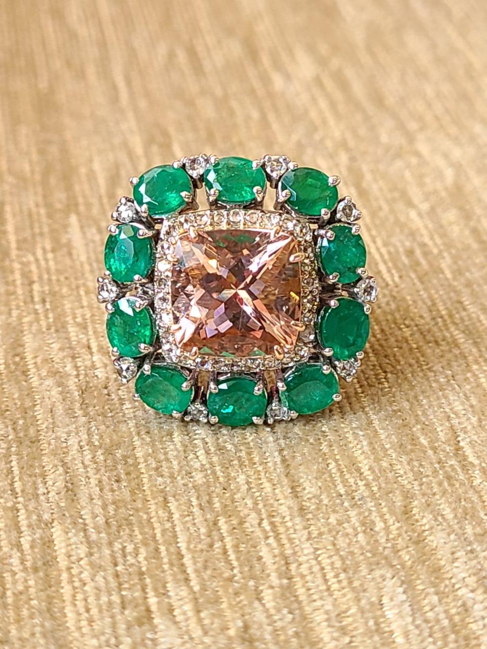 Women's or Men's 4.93 Carats, Cushion Cut Morganite, Emerald & Diamonds Cocktail/Engagement Ring For Sale