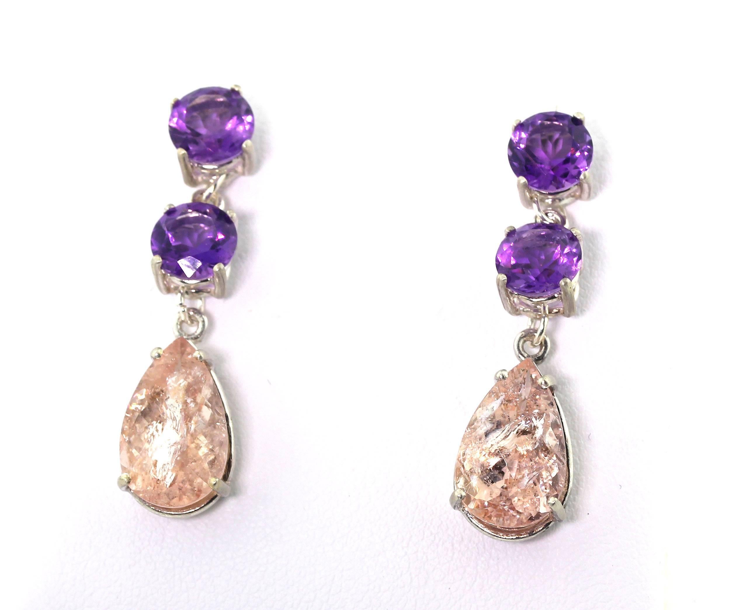 Brilliant glittering round Amethysts (7 mm) top these elegant checkerboard gem cut sparkling Krinkle Morganite (approximately 14 mm x 9 mm) sterling silver stud earrings.  They hang very elegantly approximately 1 1/3 inches long.  