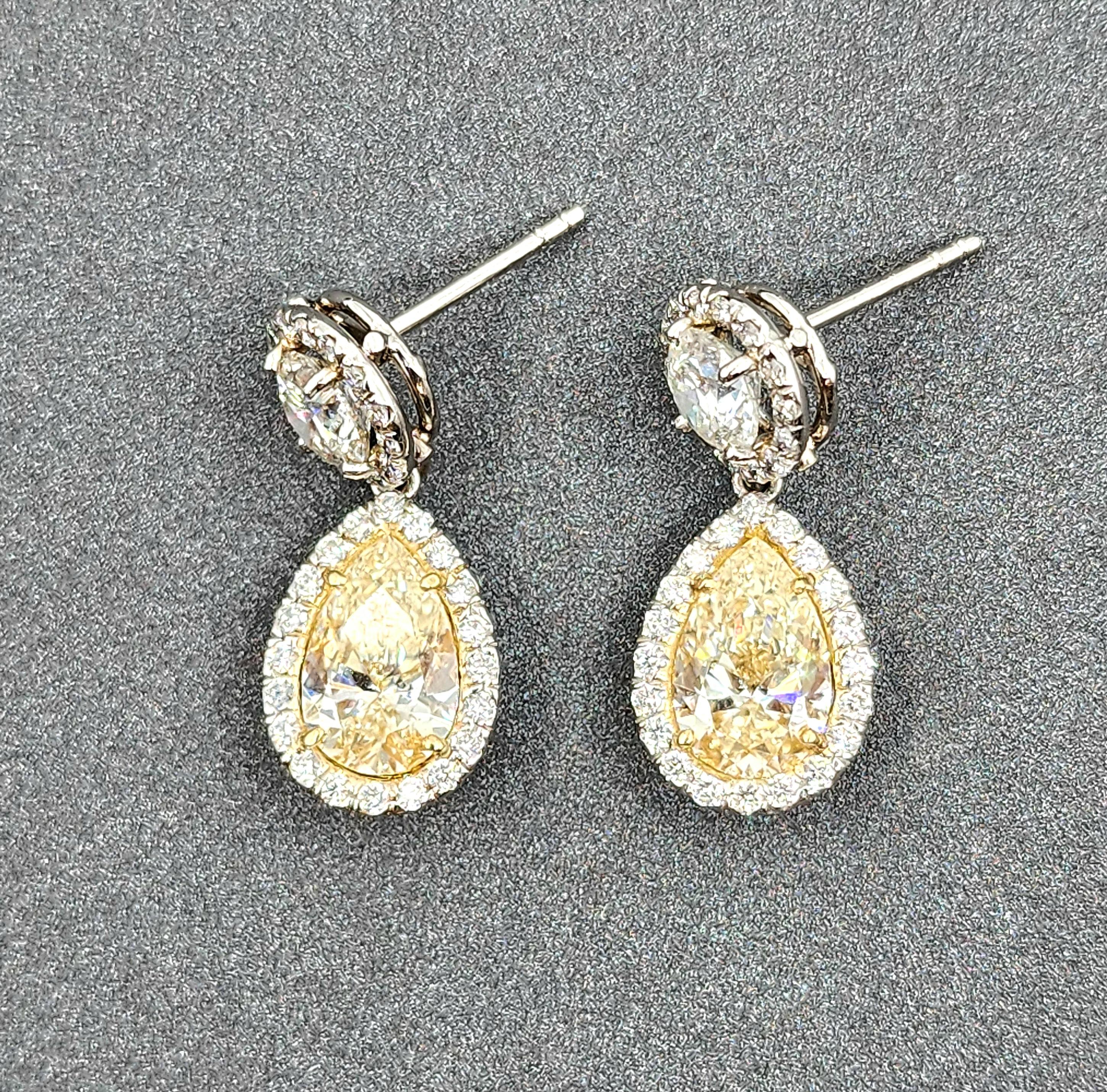 4.93 ct Natural Yellow & Diamond Dangle Earrings In New Condition For Sale In Chicago, IL