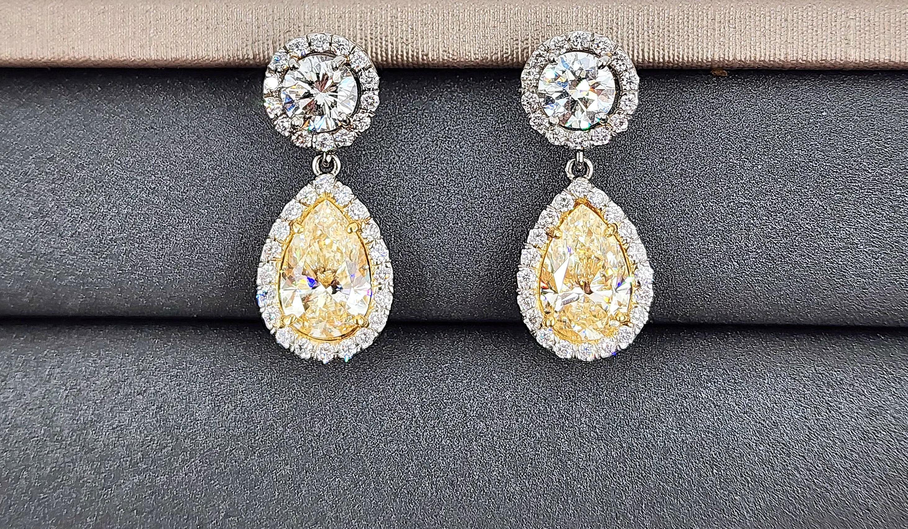 4.93 ct Natural Yellow & Diamond Dangle Earrings