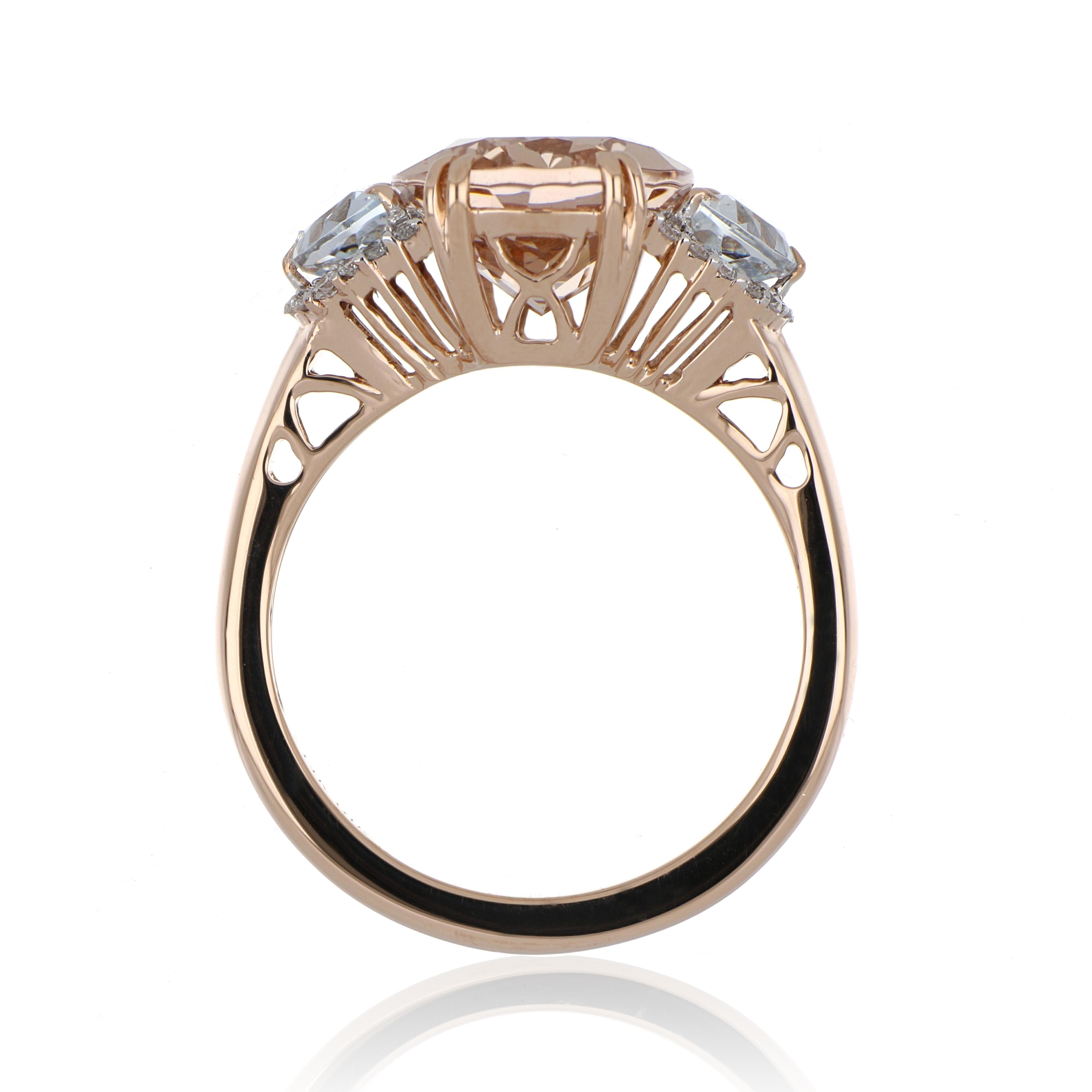 Contemporary 4.93 Carat Total Morganite and Aquamarine Ring with Diamonds 14 Karat Rose Gold For Sale