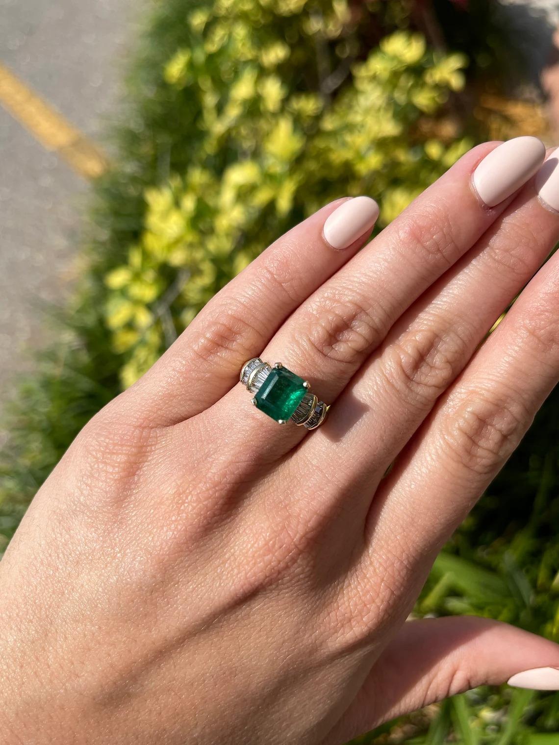 4.93tcw 18K Colombian Emerald-Emerald Cut and Tapered Baguette Diamond Ring In New Condition For Sale In Jupiter, FL