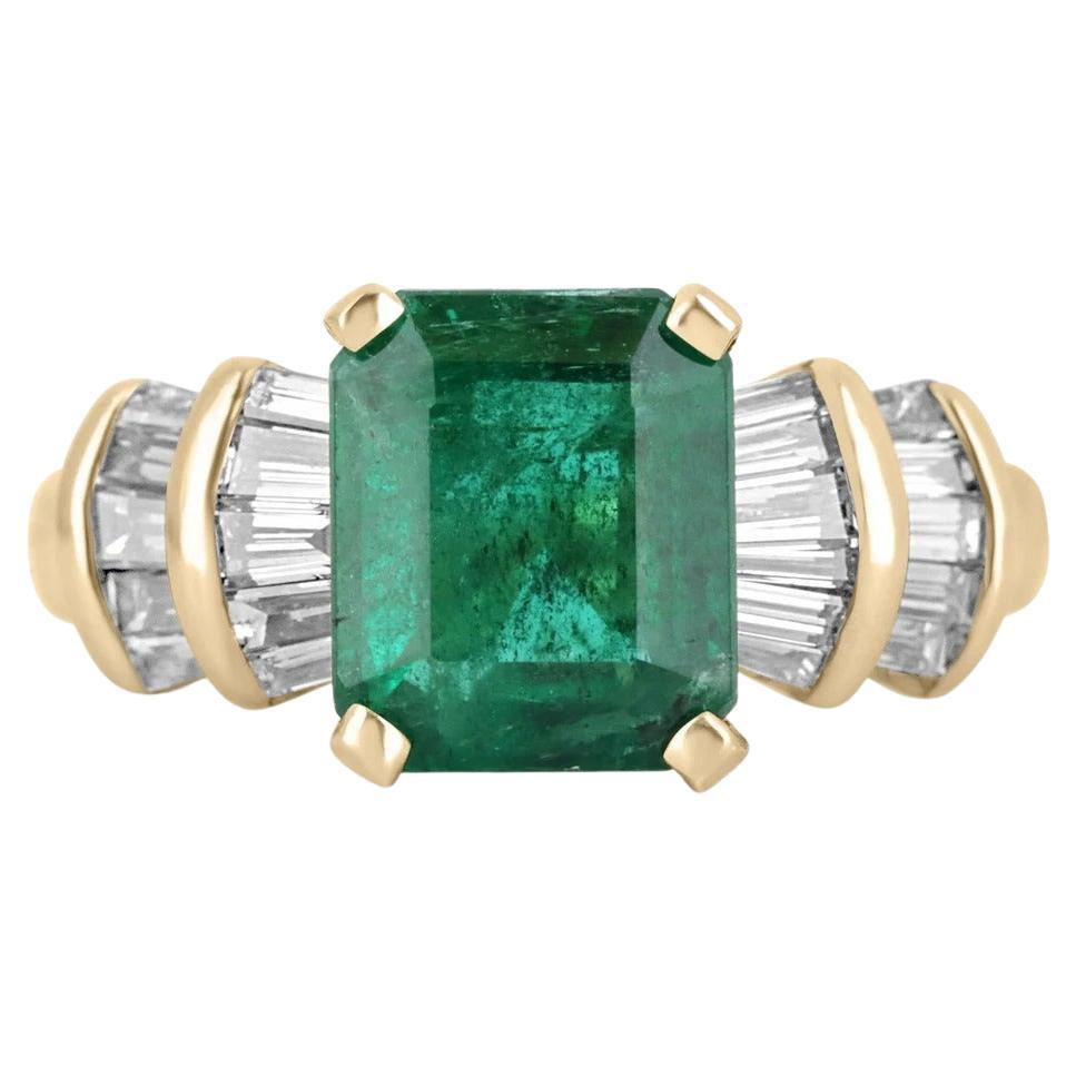 4.93tcw 18K Colombian Emerald-Emerald Cut and Tapered Baguette Diamond Ring For Sale