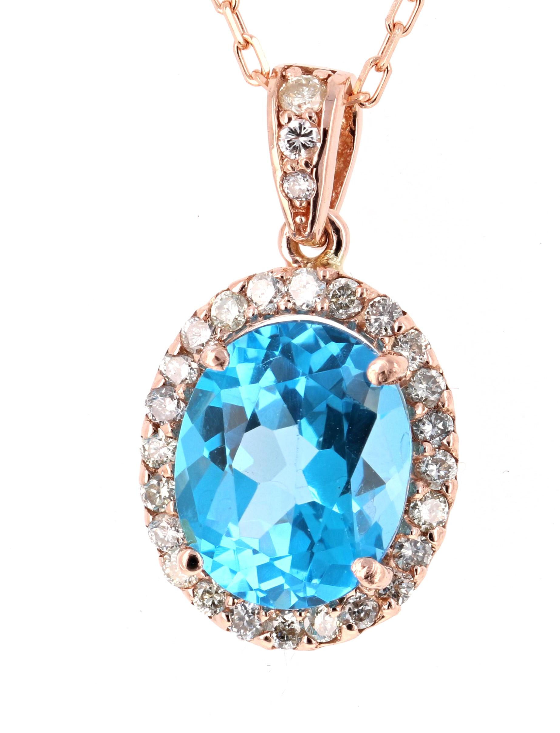 Contemporary 4.94 Carat Blue Topaz and Diamond 14 Karat Rose Gold Chain Pendant For Sale