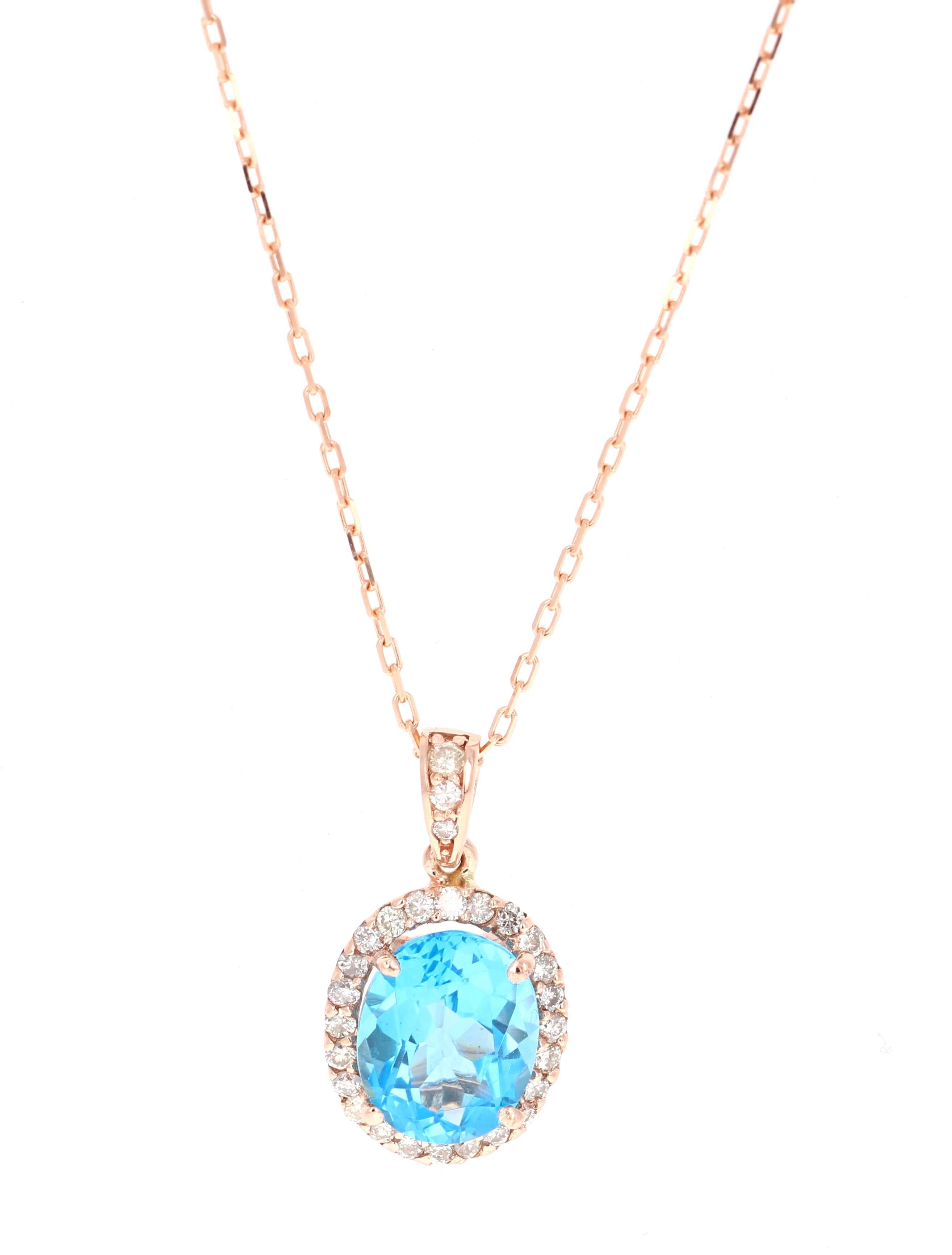 Oval Cut 4.94 Carat Blue Topaz and Diamond 14 Karat Rose Gold Chain Pendant For Sale