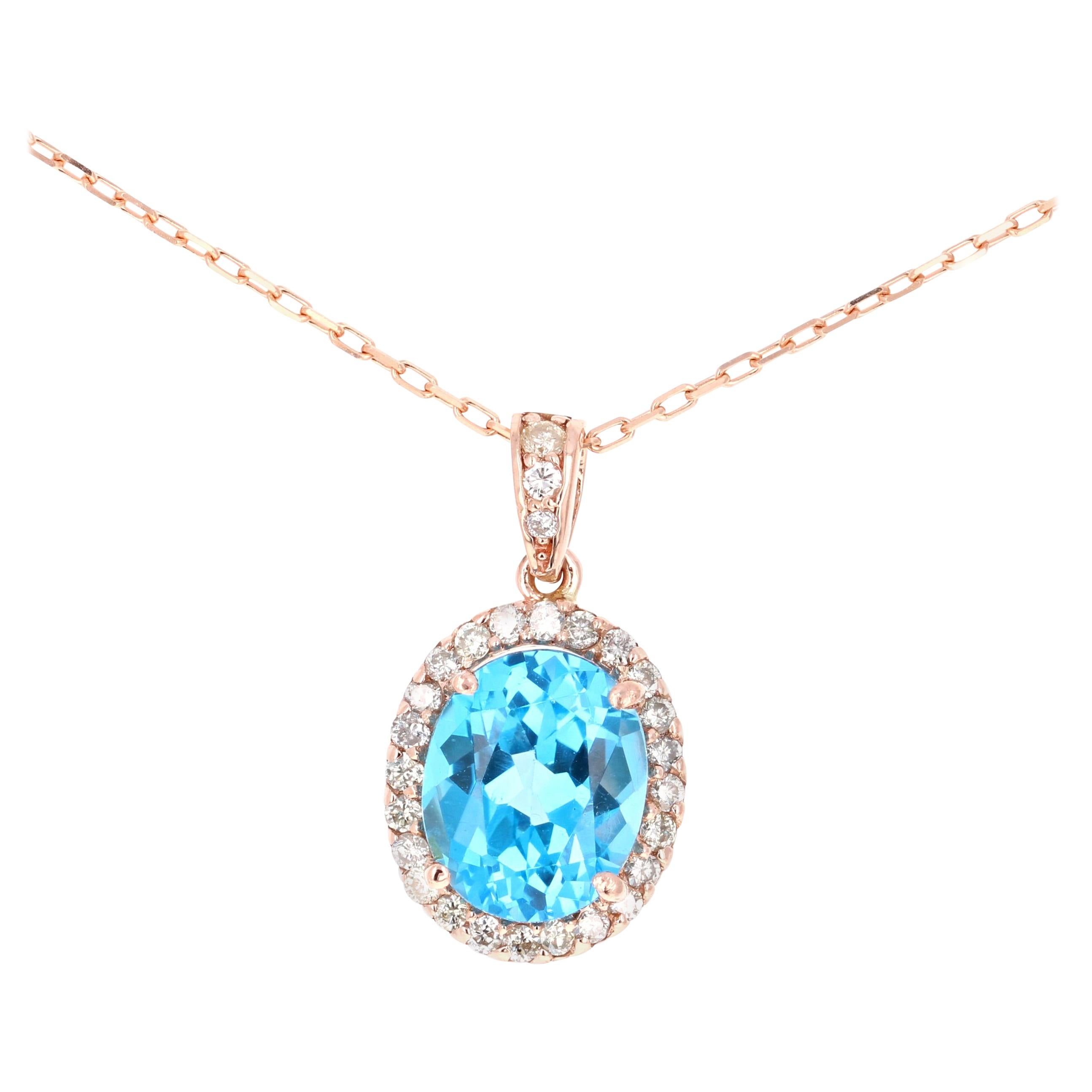4.94 Carat Blue Topaz and Diamond 14 Karat Rose Gold Chain Pendant For Sale