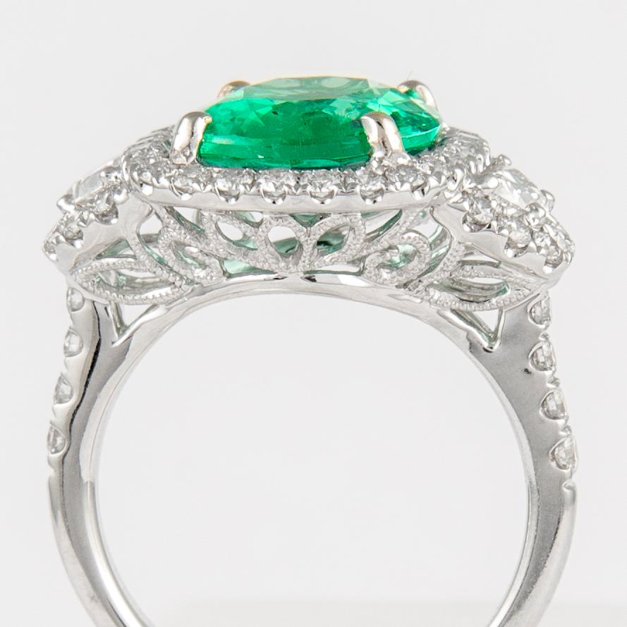 Women's 4.94 Carat Emerald with Diamond Three Stone Halo Ring 18 Karat Gold