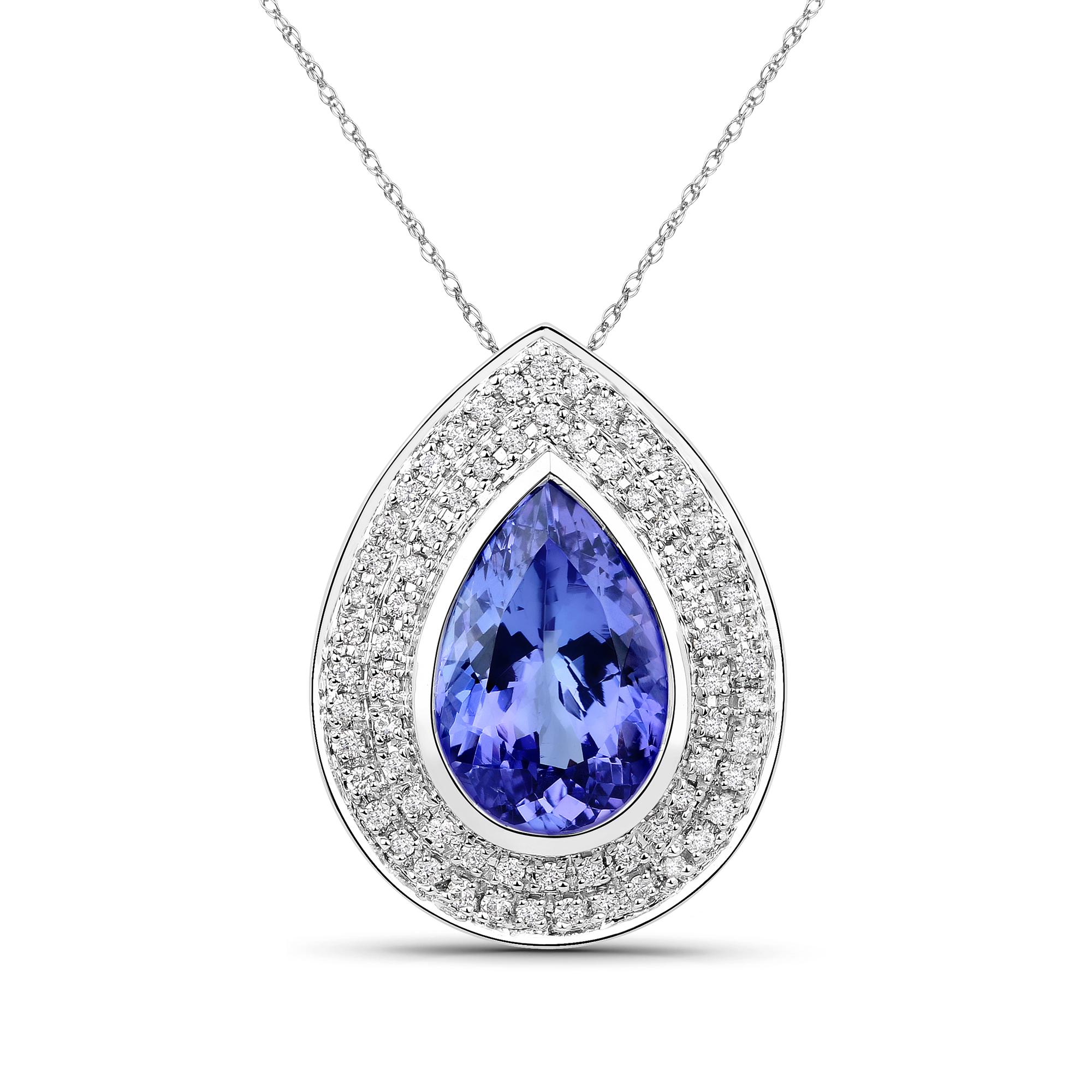 4.94 Carat Pear-shaped Tanzanite and 0.45 Carats White Diamond 14 Karat White Gold Pendant

Center Stone Details:
Stone: Tanzanite
Shape: Pear
Size: 14.00x9.20mm
Weight: 4.94 carat

Diamond Details:
Shape: Round Brilliant (69)
Carat Weight: 0.45