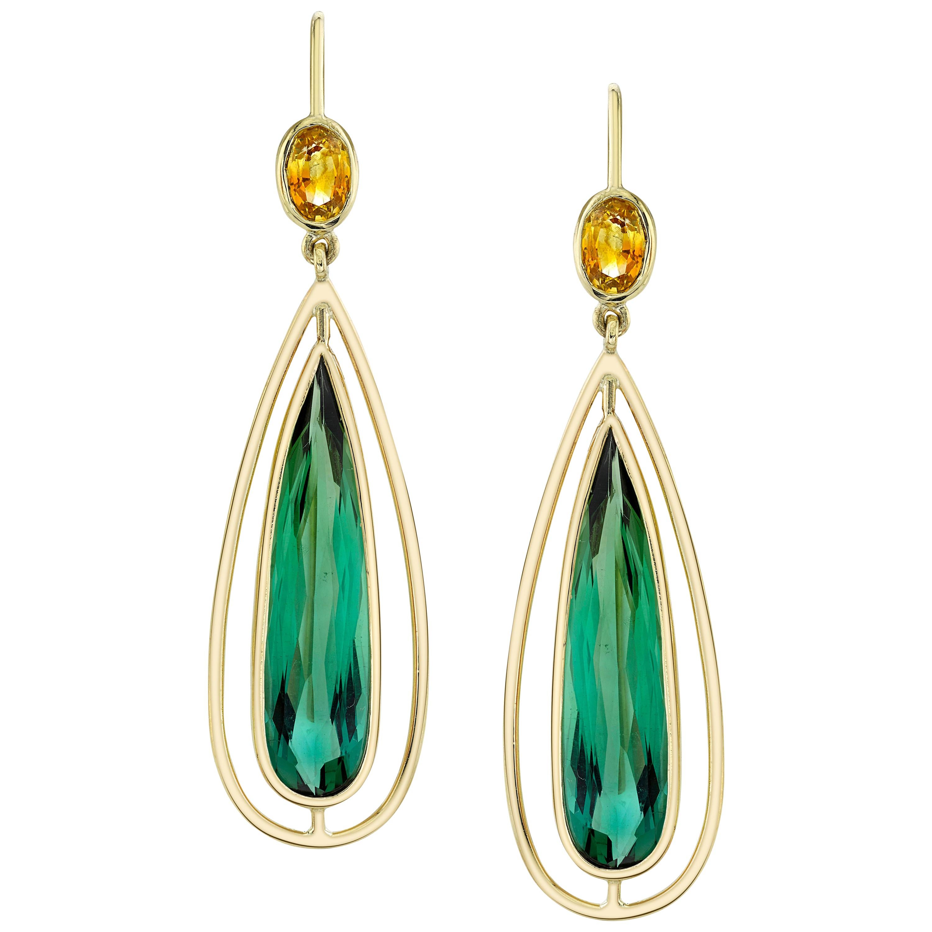  Green Tourmaline and Yellow Sapphire Dangle Earrings with Yellow Gold Halos