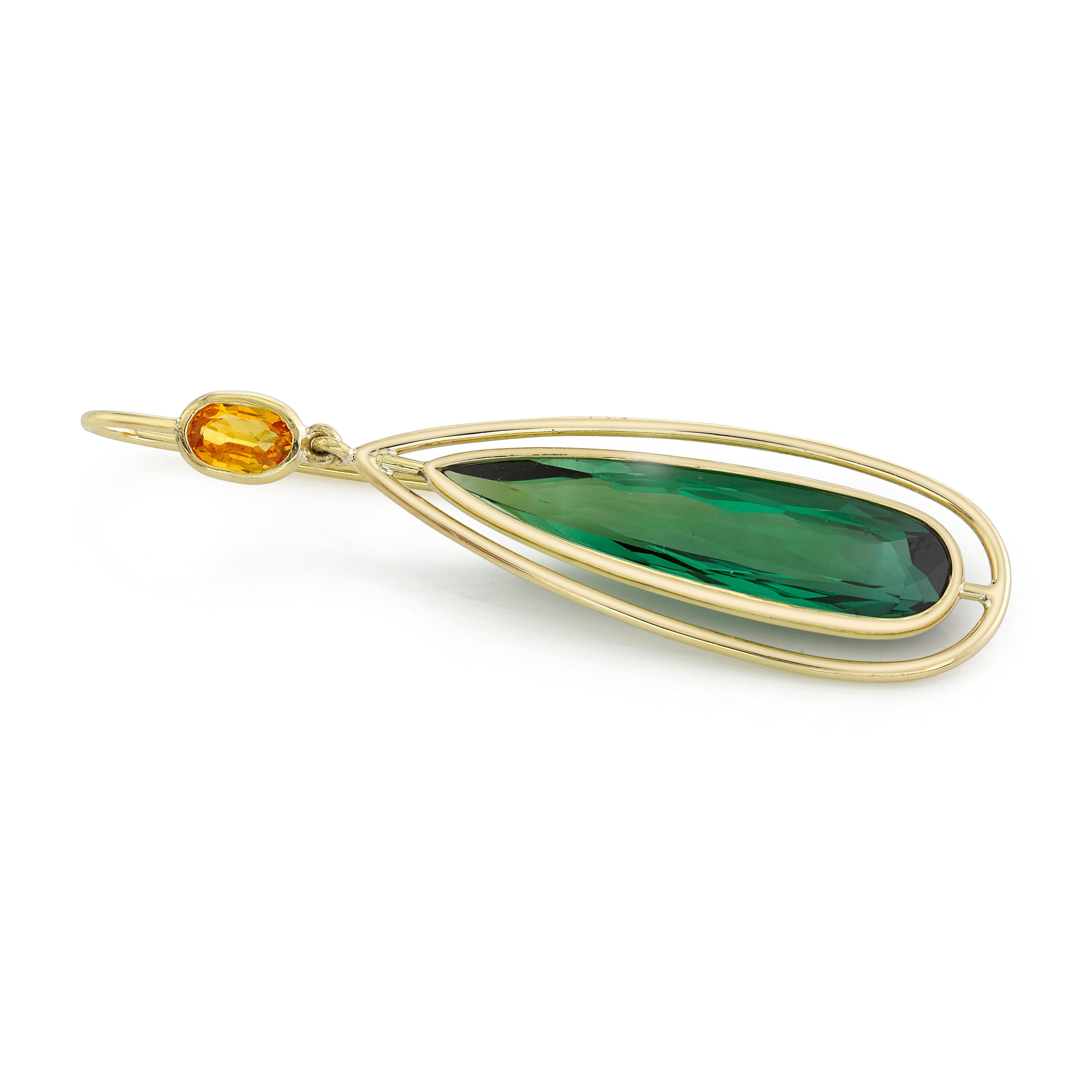 Elegant, elongated green tourmaline pears are featured in these beautiful 18k yellow gold dangle earrings. The tourmalines are perfectly matched, with a rich, slightly bluish green color and a very high level of clarity. Sparkly yellow sapphires
