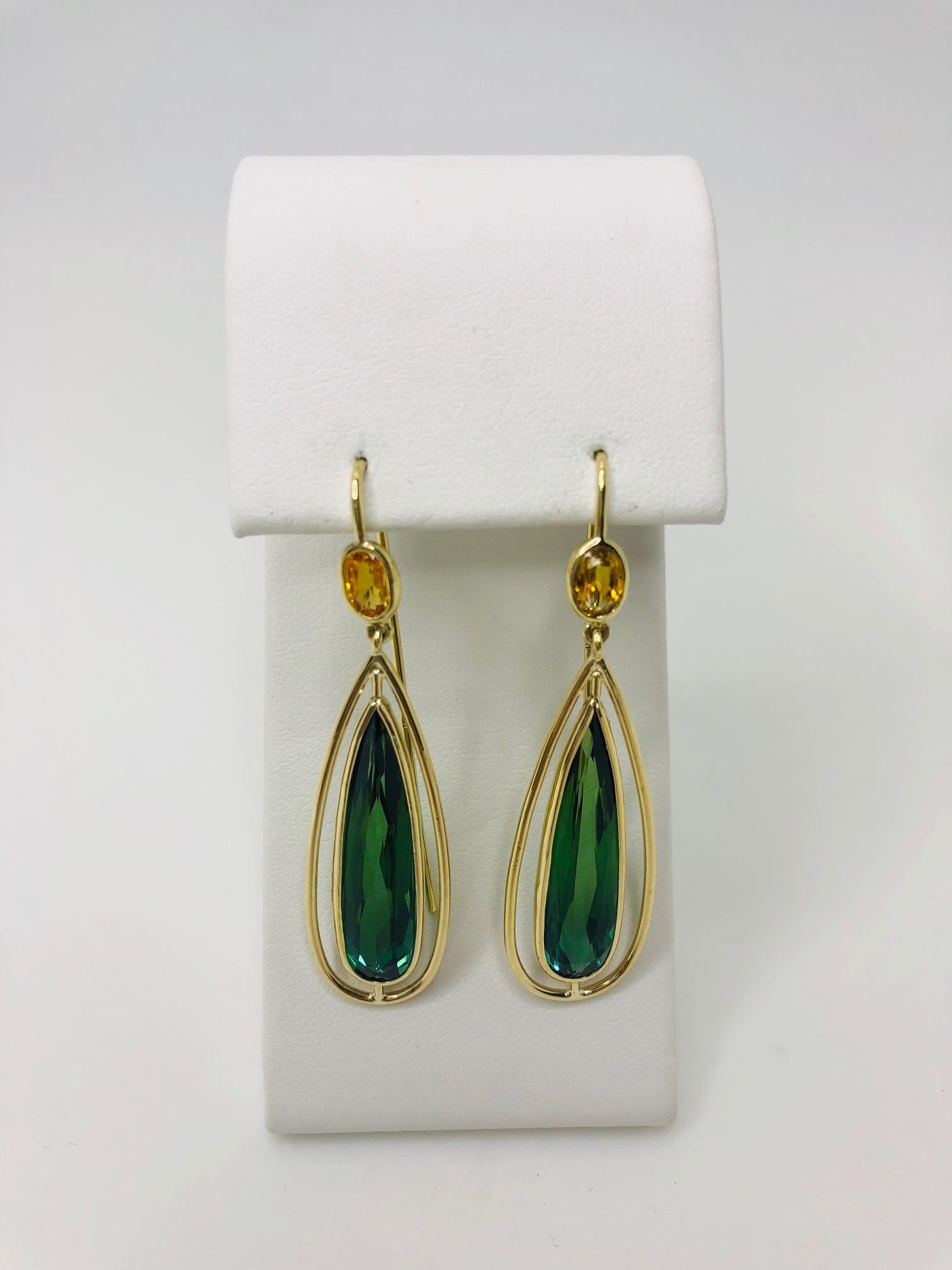  Green Tourmaline and Yellow Sapphire Dangle Earrings with Yellow Gold Halos For Sale 3