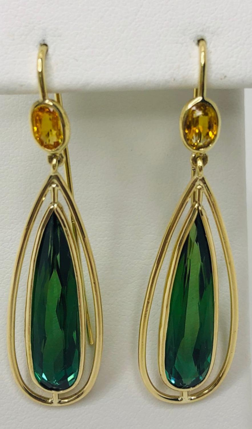 Artisan  Green Tourmaline and Yellow Sapphire Dangle Earrings with Yellow Gold Halos For Sale