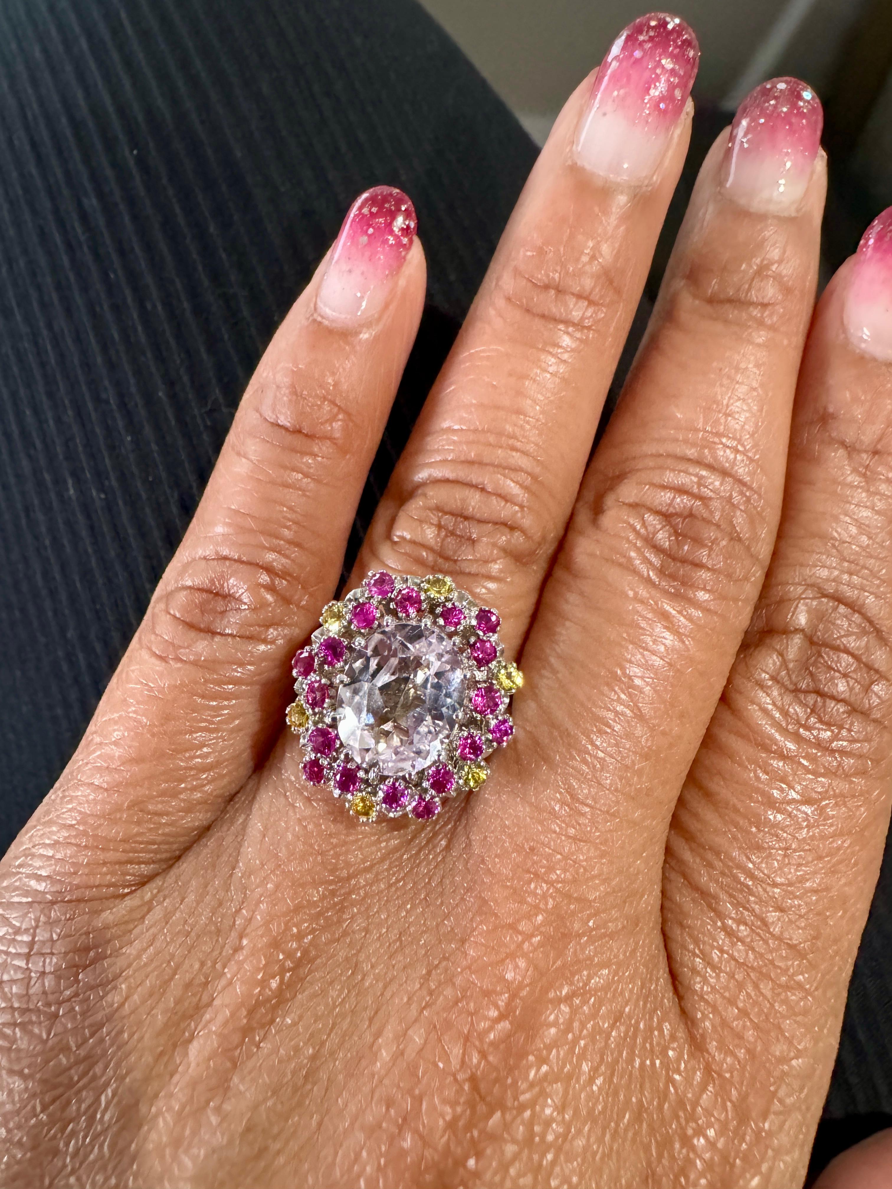 4.94 Carat Kunzite Pink Yellow Sapphire White Gold Cocktail Ring In New Condition For Sale In Los Angeles, CA