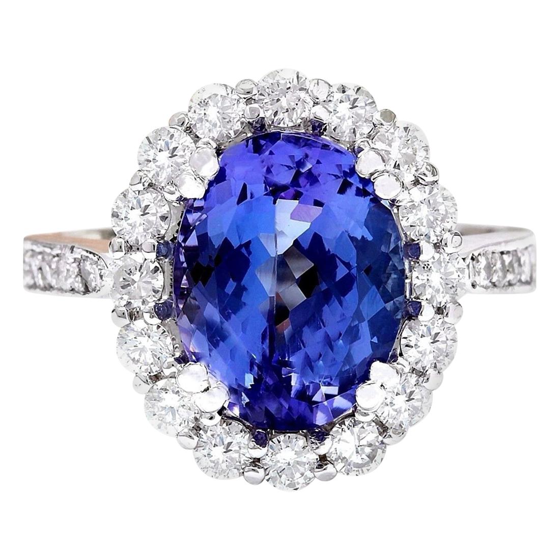 Bague en or blanc massif 14 carats avec tanzanite naturelle et diamant  en vente